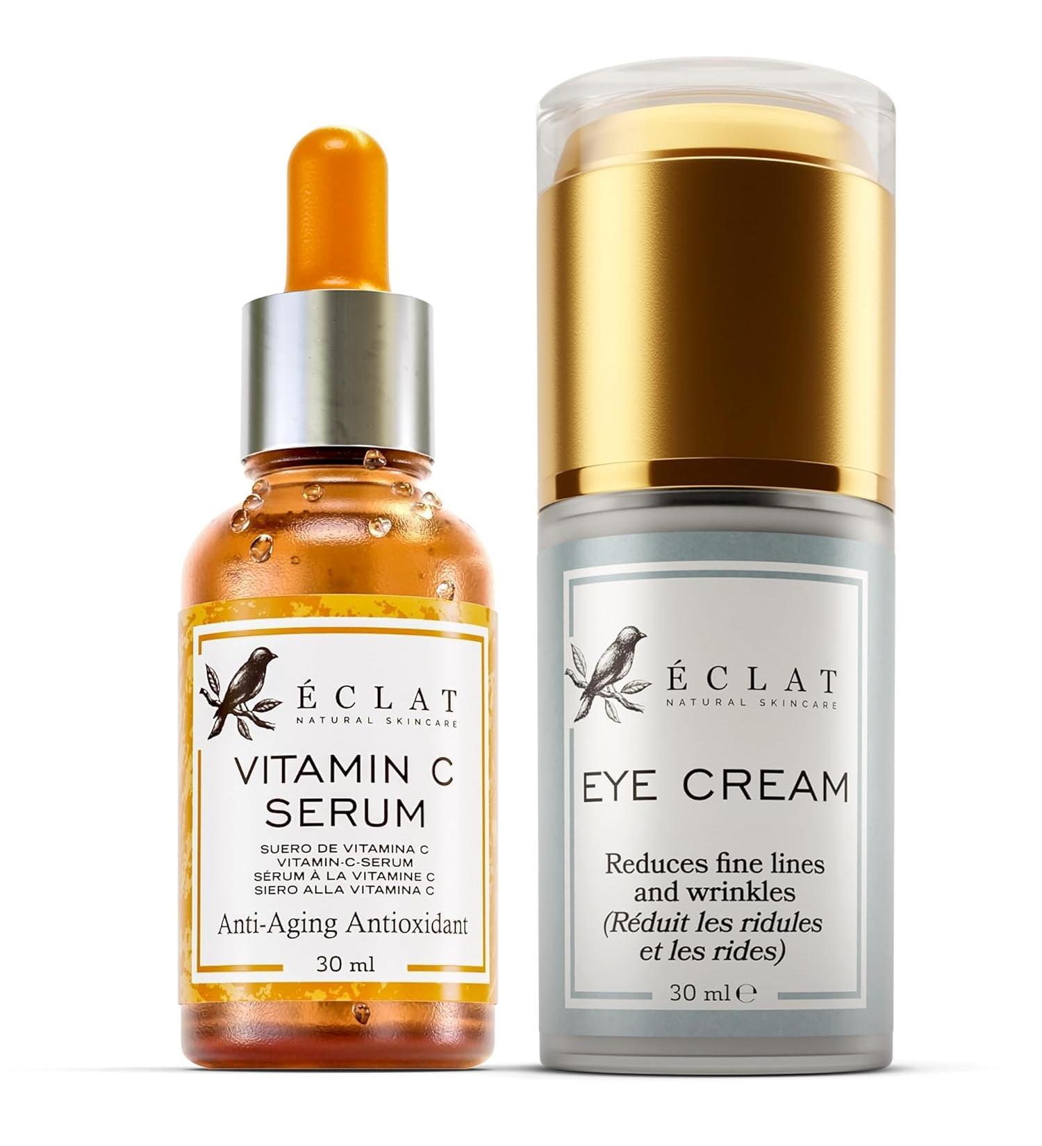Eclat Skincare Vitamin C Serum + Under Eye Cream Set Brightening Vit C Serum with Hyaluronic Acid & Vit E + Cream for Dark Circles Puffiness Eye Bags & Crow's Feet Anti Aging Skin Care Duo - Buy Online on GoSupps.com