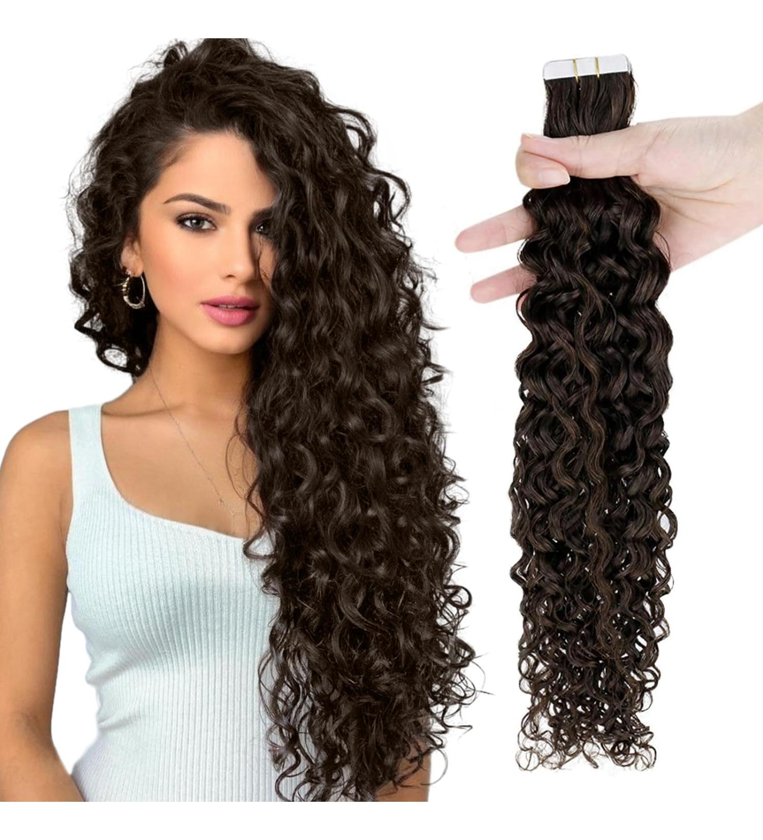 Runature Tape In Extensions - 40cm Real Curly Brown Hair Invisible Curls Remy Hair #2-nw 50g - Premium Quality Hair Extensions - Buy Online on GoSupps.com