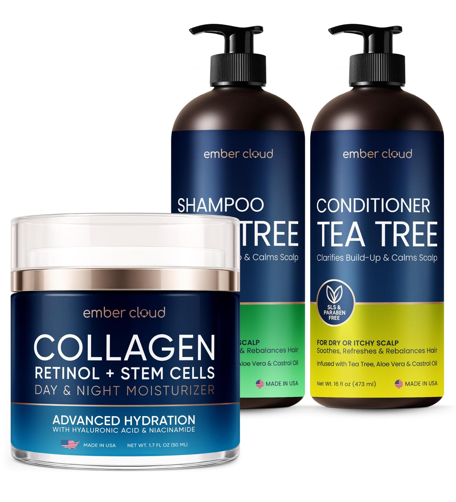 Collagen Cream for Face with Stem Cells Retinol Hyaluronic Acid Niacinamide (1.7 Oz) / Tea Tree Shampoo and Conditioner Set with Rosemary Oil (32 Oz) - Buy Online on GoSupps.com