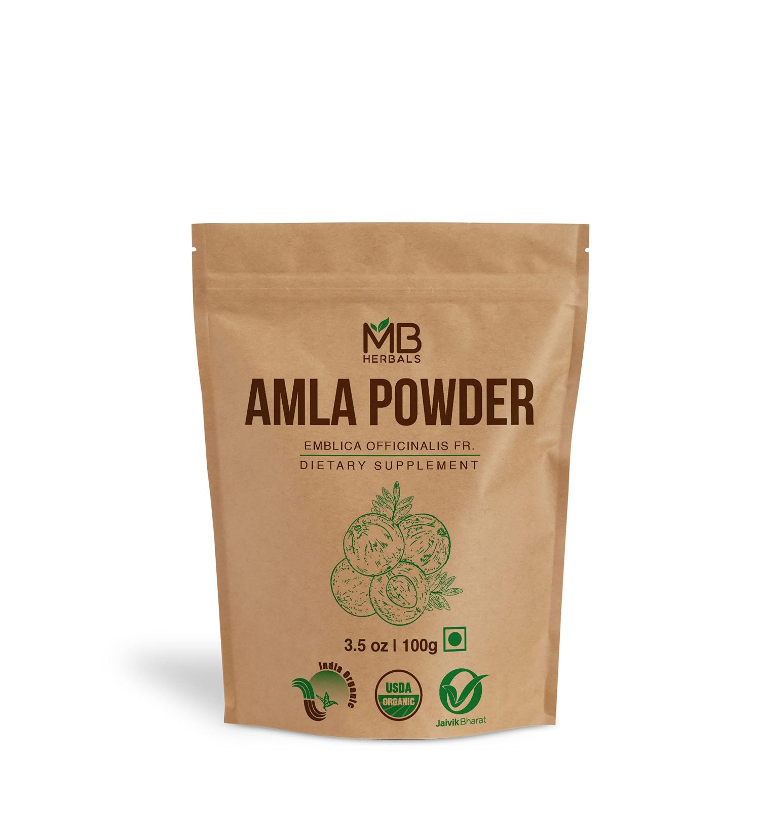 MB Herbals USDA CERTIFIED ORGANIC Seedless Amla Powder 3.5 oz / 100g | Indian Gooseberry | Non-GMO | Non-Irradiated | Raw Gluten-Free | No-Preservatives