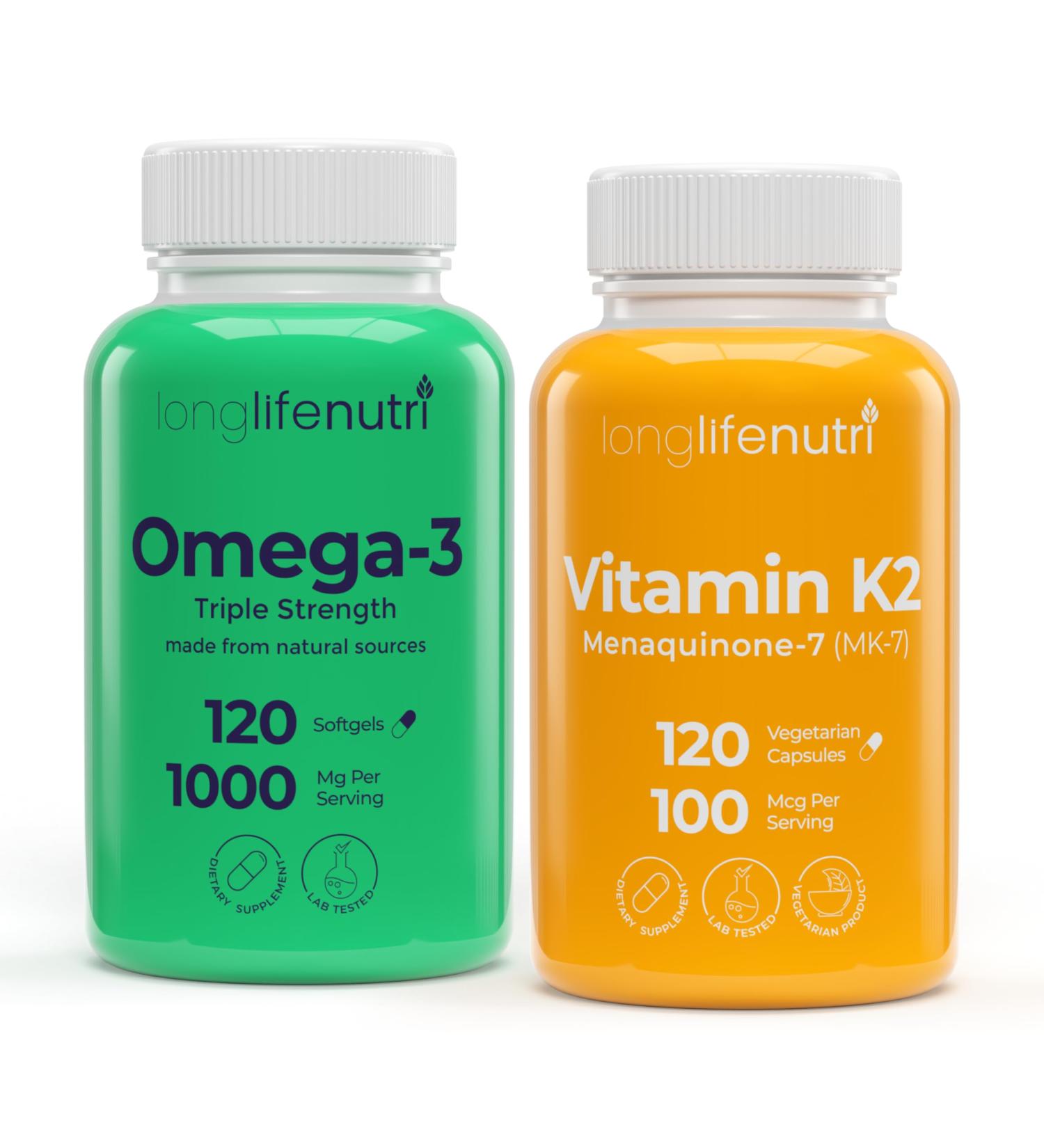 LongLifeNutri Omega-3 Fish Oil 1000 mg & Vitamin K2 MK-7 100 mcg Bundle 120 Softgels + 120 Veg Capsules 4 Month Supply High EPA/DHA Omegas & Bone Support Non-GMO GMP Certified Made in USA - Buy Online on GoSupps.com