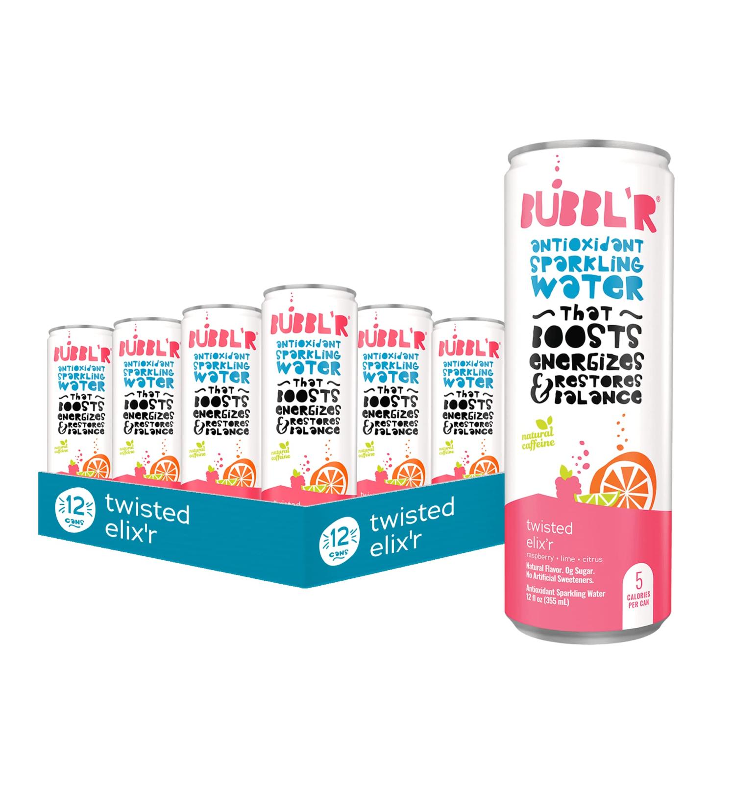 BUBBL'R Twisted Elix'r Antioxidant Sparkling Water with Natural Caffeine - 0g Sugar, Gluten Free, All Natural Flavors - 12 Fl Oz Cans, 12 Pack - Buy Online on GoSupps.com
