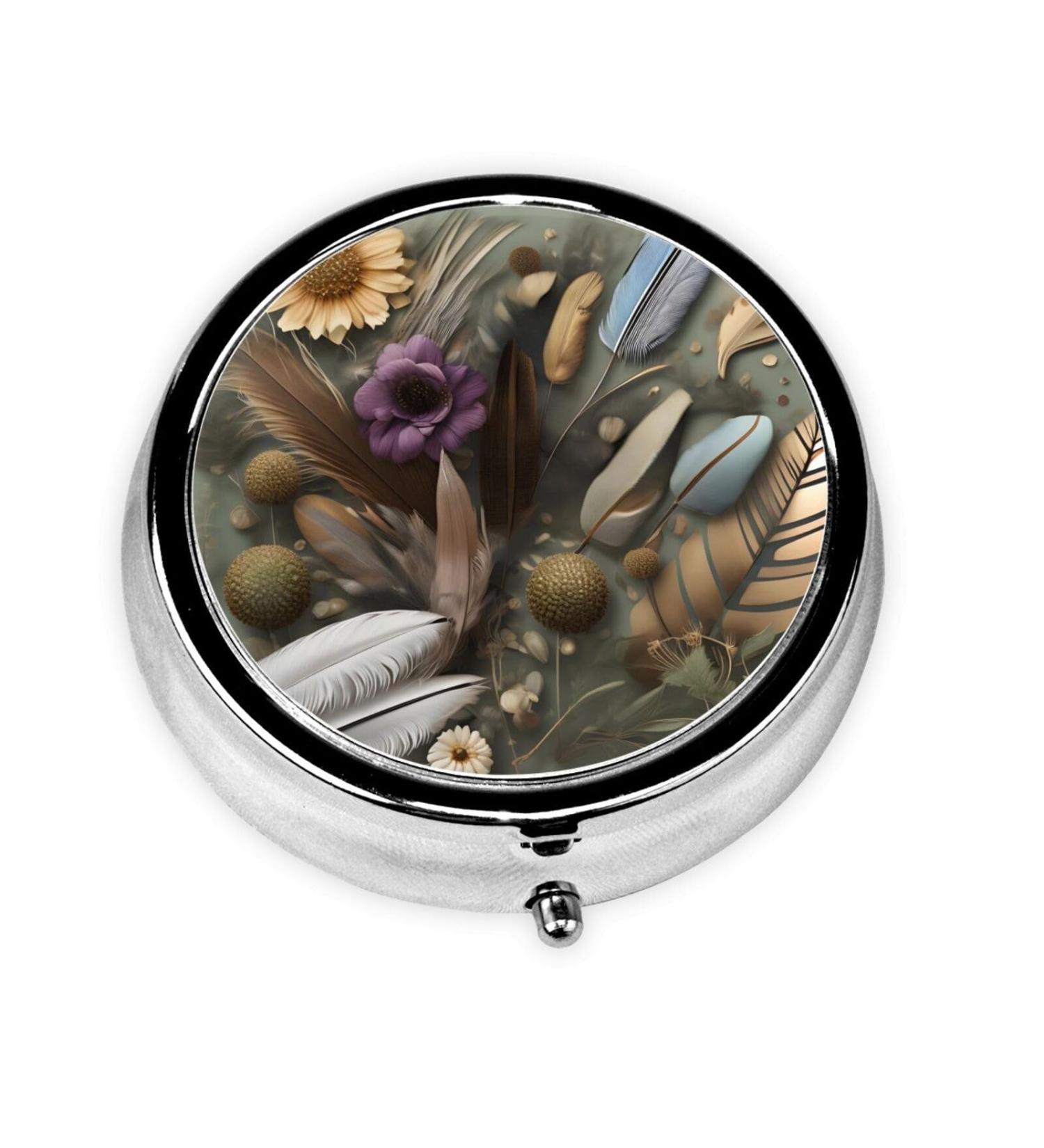 Feather Flower Round Pill Box - 3 Compartment Portable Travel Organizer for Purse & Pocket - Buy Online on GoSupps.com
