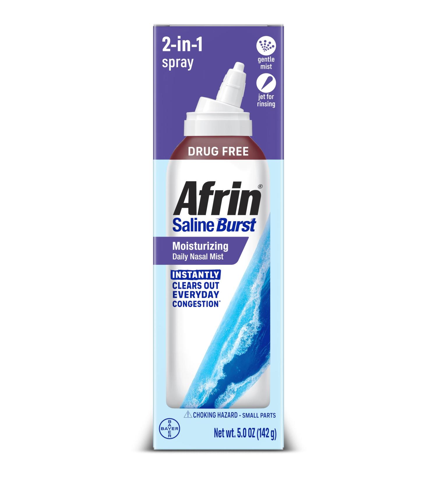 Afrin Saline Burst Moisturizing Daily Nasal Mist, Isotonic Seawater Saline Nasal Spray with Dual Nozzle for Everyday Congestion Relief and Dry Nose, Drug Free Sinus Rinse, 5oz - Buy Online on GoSupps.com