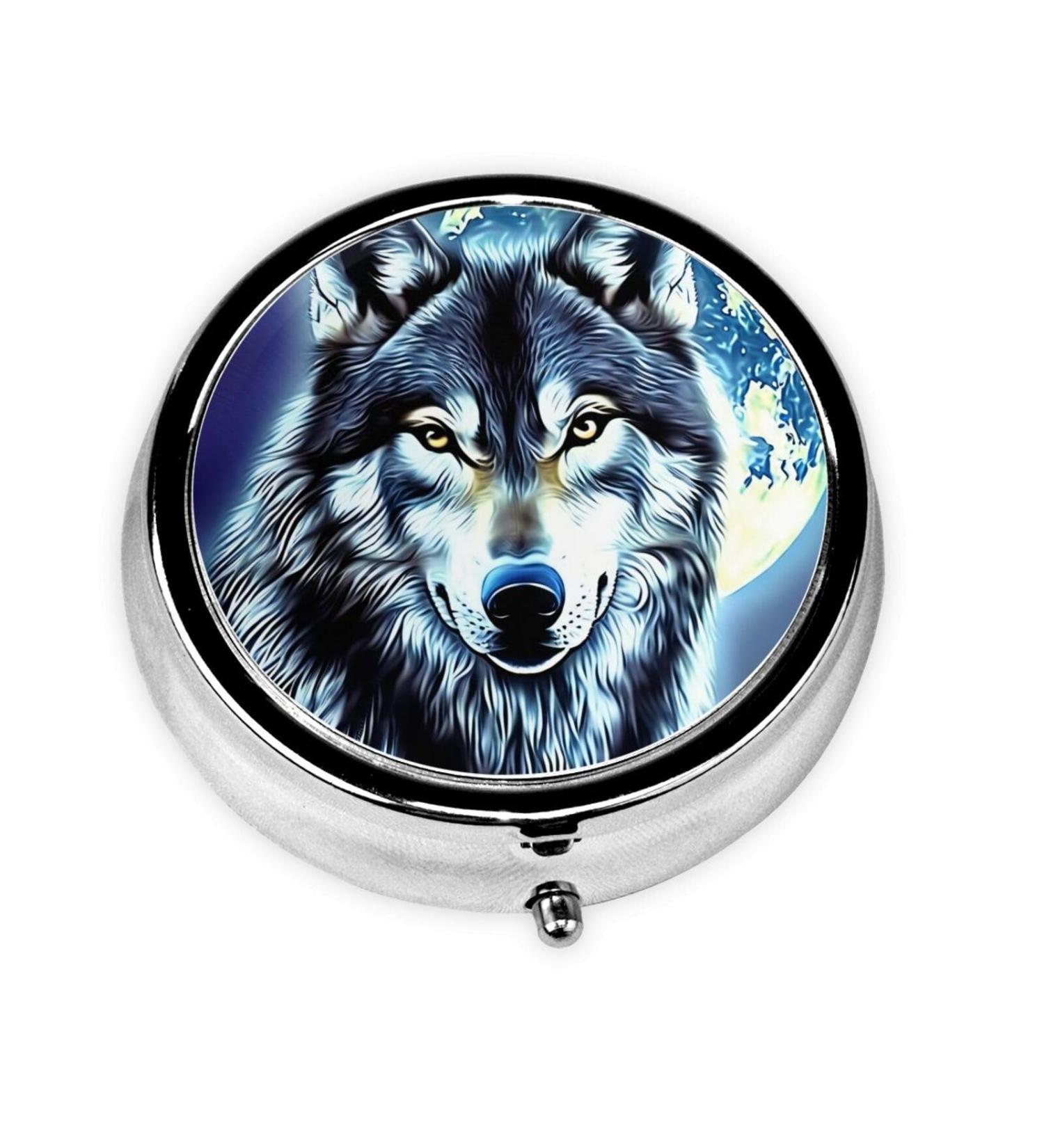 Wolf Under Moon Portable Metal Pill Box | 3-Compartment Mini Design for Travel | Small Pill Organizer | Hinged Fastening | Black - Buy Online on GoSupps.com