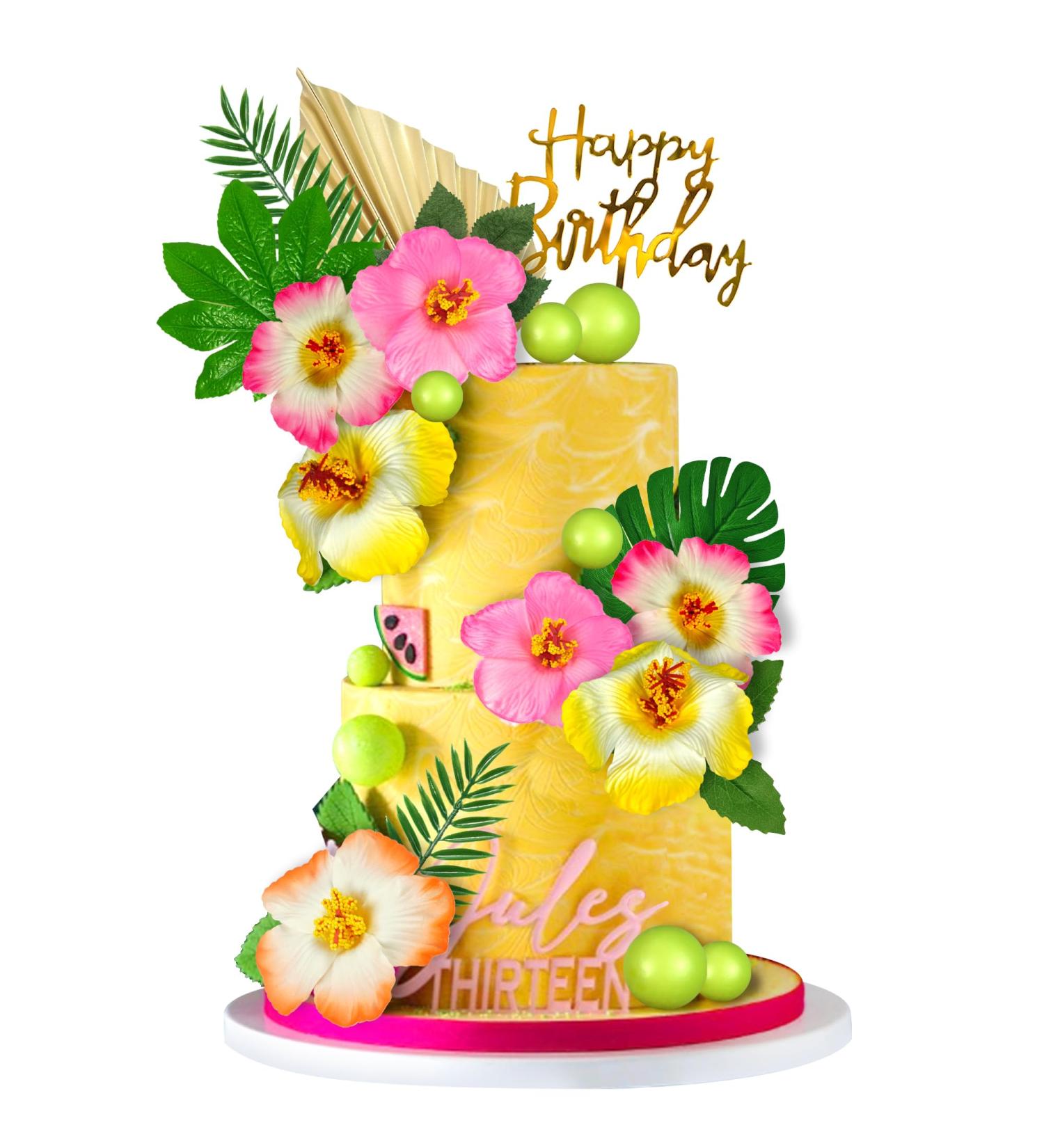 25 PCS Flower Cake Topper Hawaiian Cake Decorations with Palm Leaves Hibiscus Flowers Balls for Hawaii Aloha Jungle Summer Theme Wedding Birthday Baby Shower (Multicolour) - Buy Online on GoSupps.com