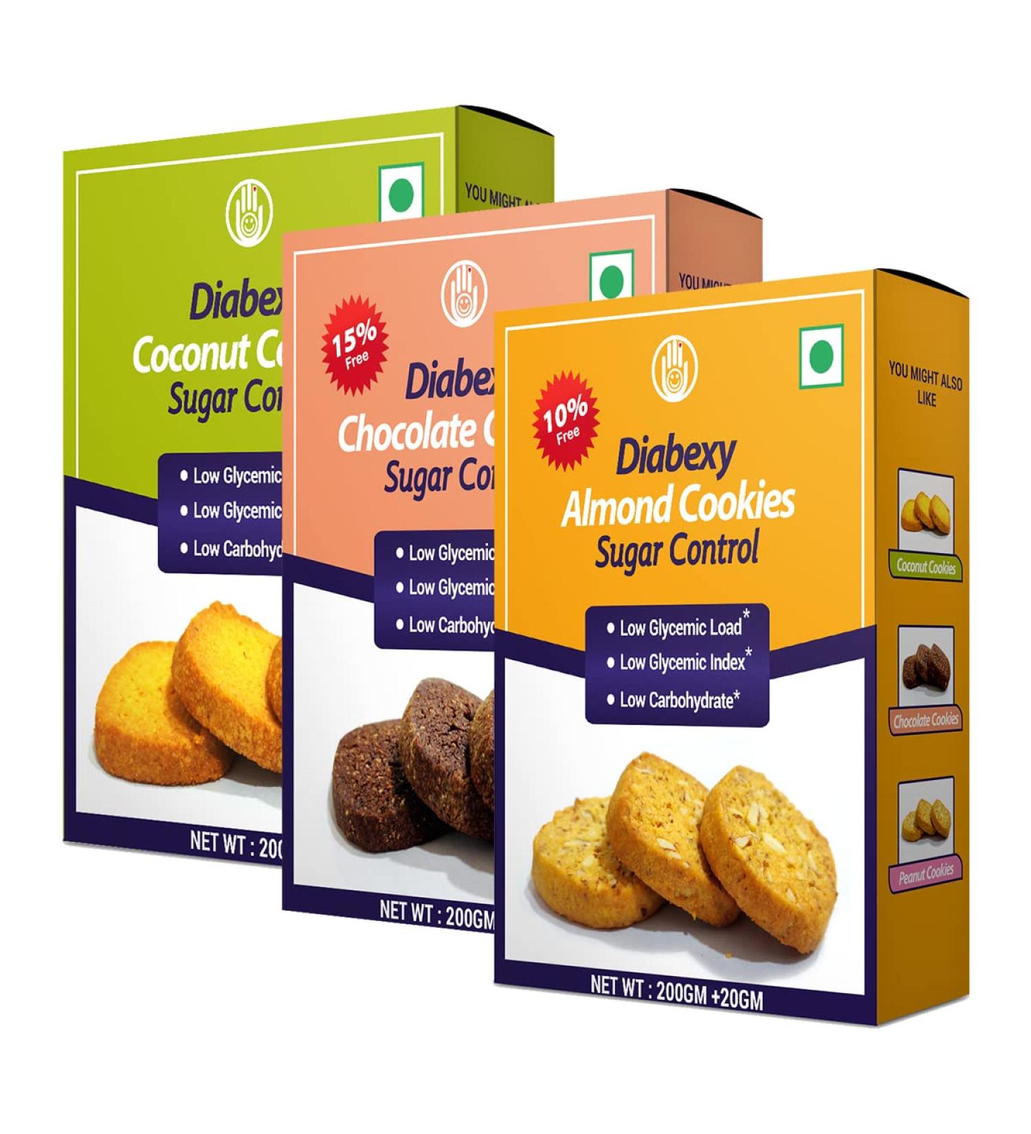 Diabexy Cookies Combo (Almond Coconut & Chocolate) - Sugar Control for Diabetes - 200gm Each (Pack of 3) - Snacks Gift Pack - Buy Online on GoSupps.com