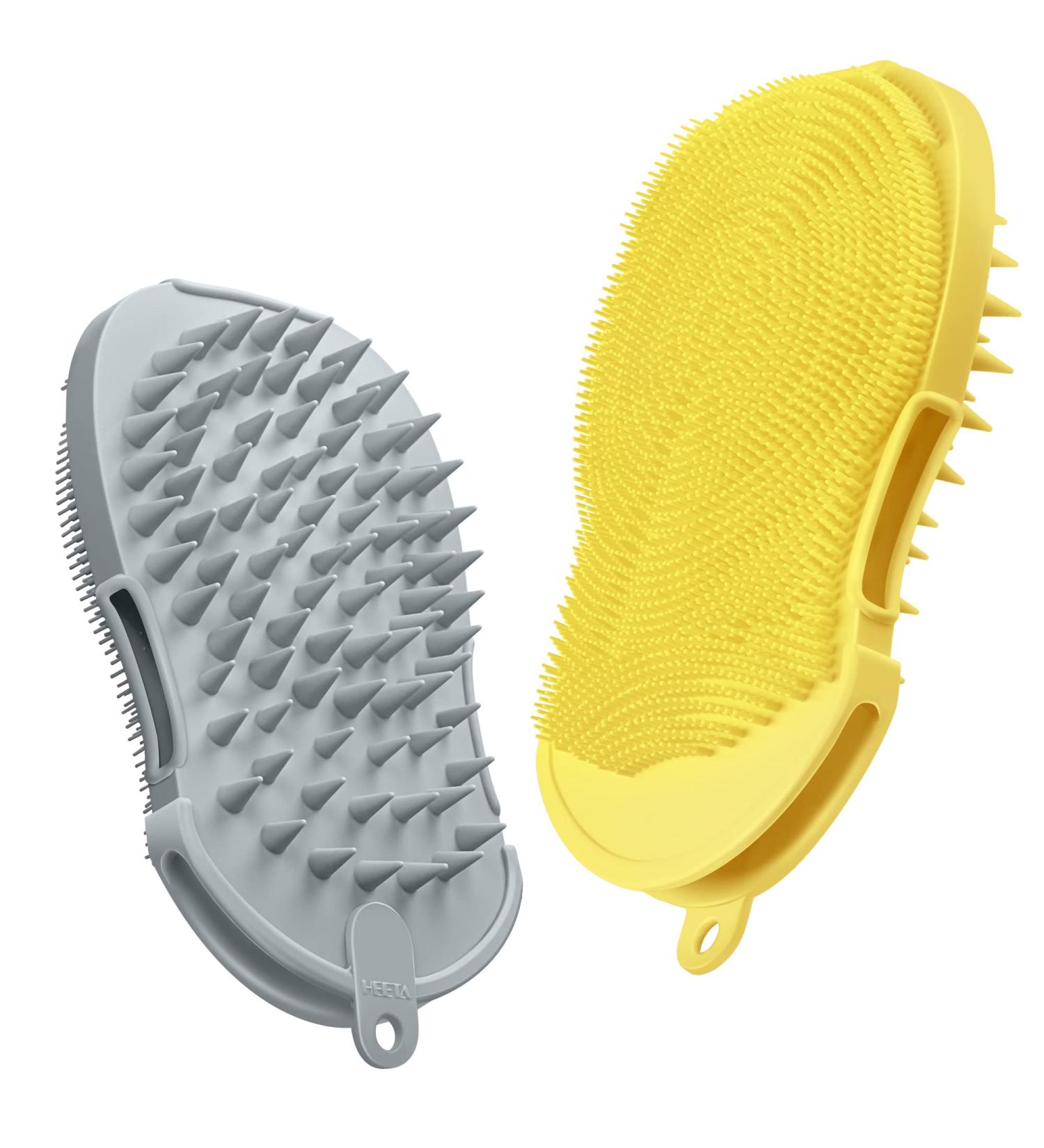 HEETA 2 Pack Silicone Body Scrubber and Hair Shampoo Brush 2 in 1 - Scalp Massager Exfoliating Brush for Skin and Scalp Care - Grey & Yellow - Buy Online on GoSupps.com