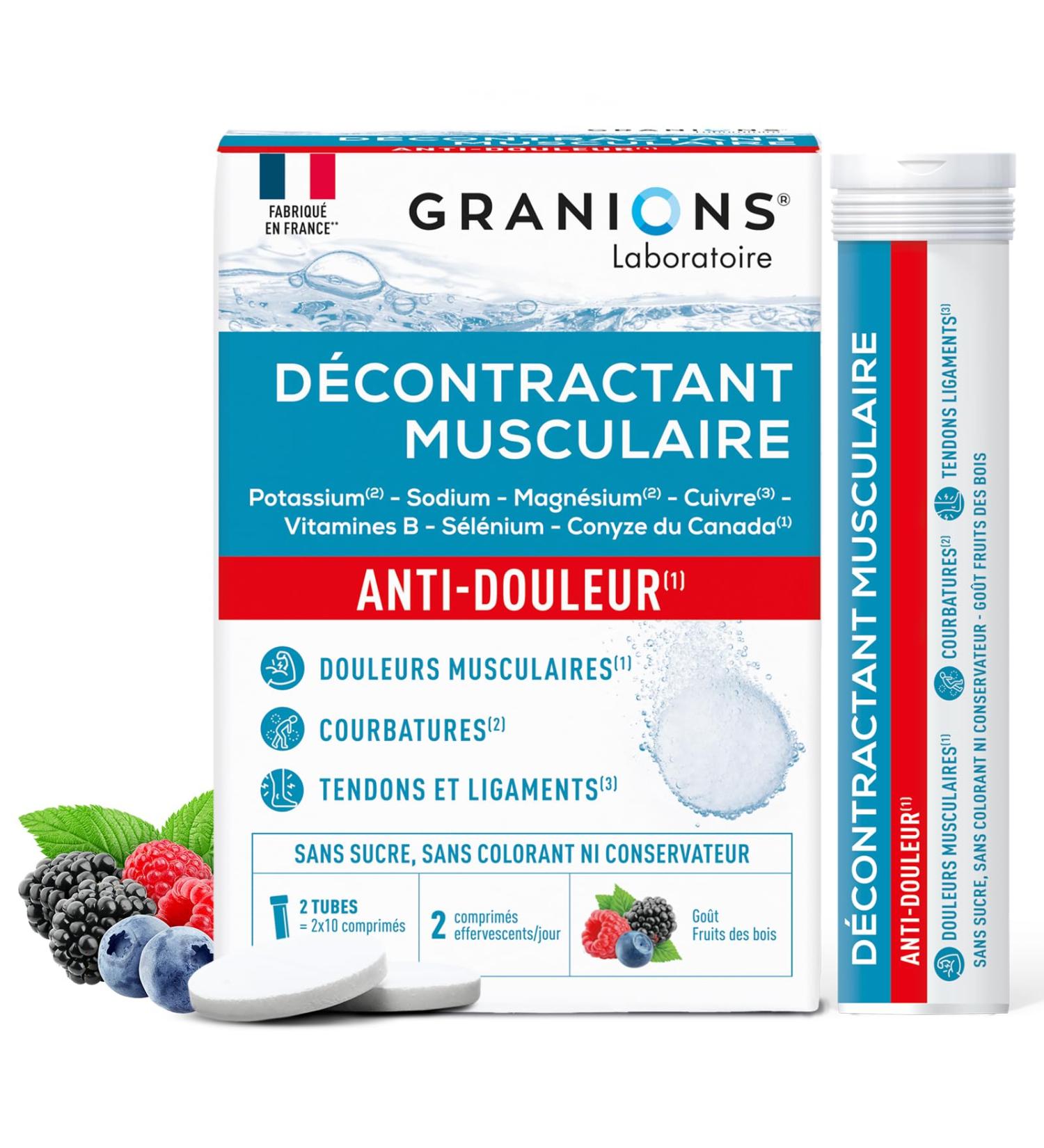 GRANIONS DECONTRACTANT MUSCULAIRE - Magnesium Vitamine B6 Vitamine B12 Selenium Conyze du Canada - R duit les crampes et courbatures - SANS SUCRE - 20 Comprim s Effervescents Ar me Fruits des Bois - Buy Online on GoSupps.com