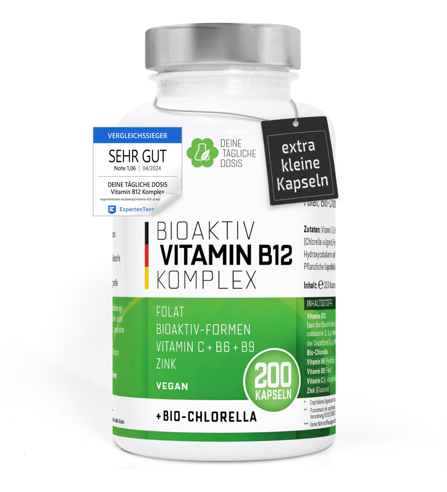 Buy Vitamin B12 Complex with Folic Acid B6 & C - 200 Vegan Capsules - High-Dose Organic Chlorella No Additives - Made in Germany - Buy Online on GoSupps.com