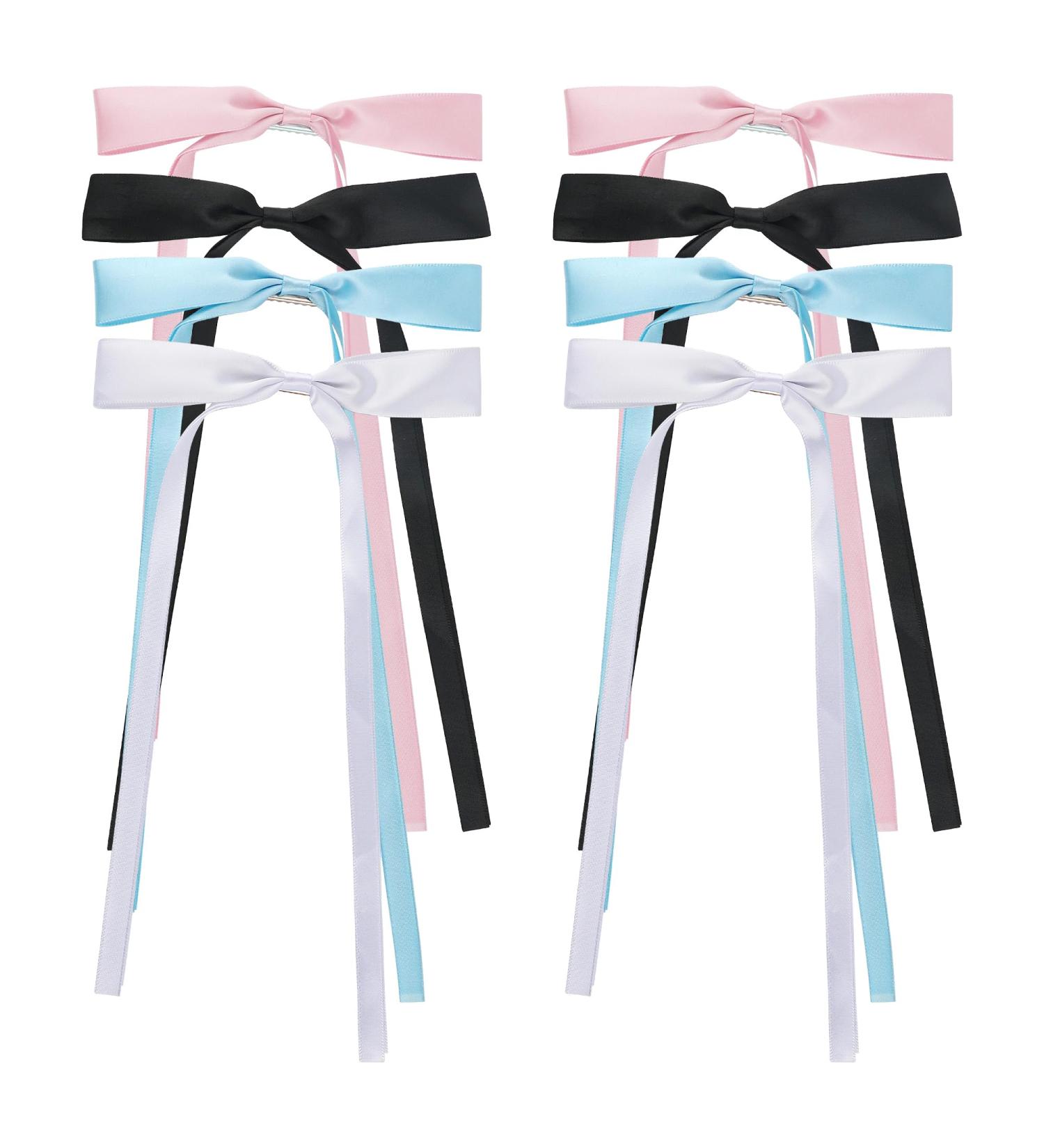 8 Pieces Hair Clip Bow Silky Satin Hair Bows with Long Tail Hair Accessory Women Hair Bow Clip for Hair Decoration Black Pink Blue White - Buy Online on GoSupps.com