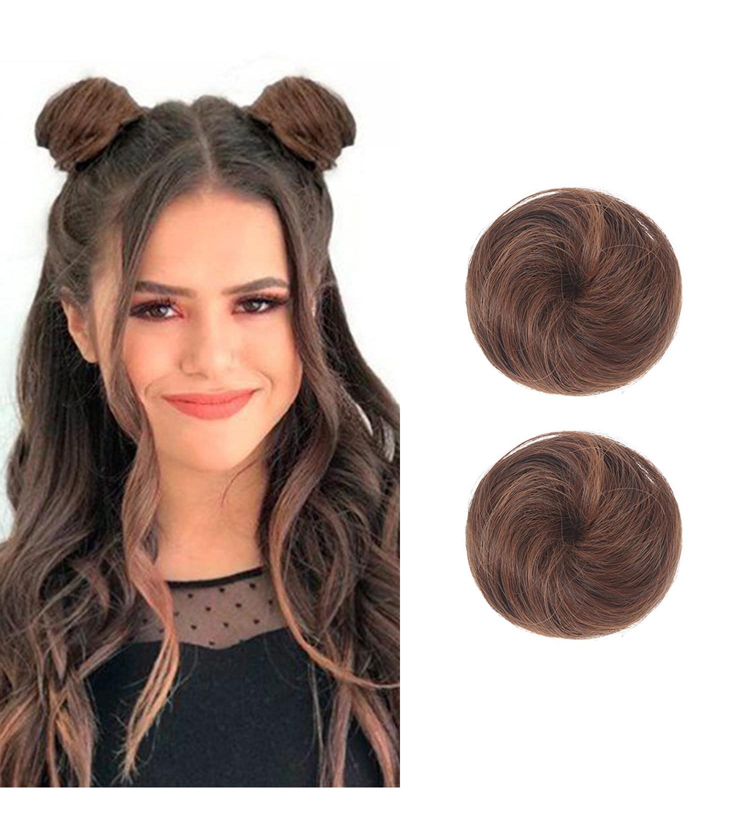 2PCS Mini Claw Fake Buns Hair Donut Chignon Straight Hair Extensions - Light Brown - Buy Online on GoSupps.com