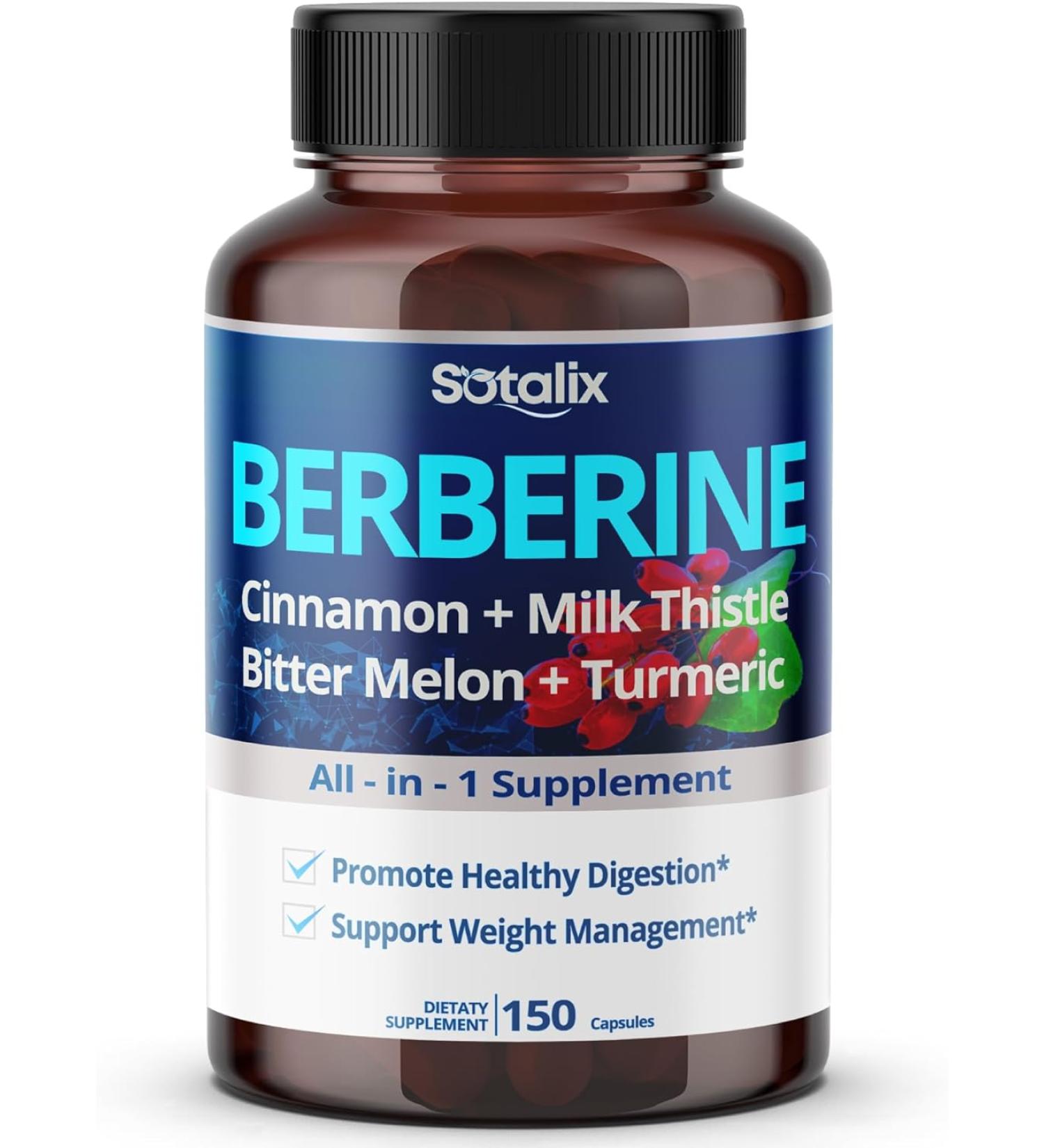 SOTALIX Premium Berberine 370mg + Ceylon Cinnamon Bitter Melon Milk Thistle - 150-day Supply - Immune, Heart & GI Support - Buy Online on GoSupps.com