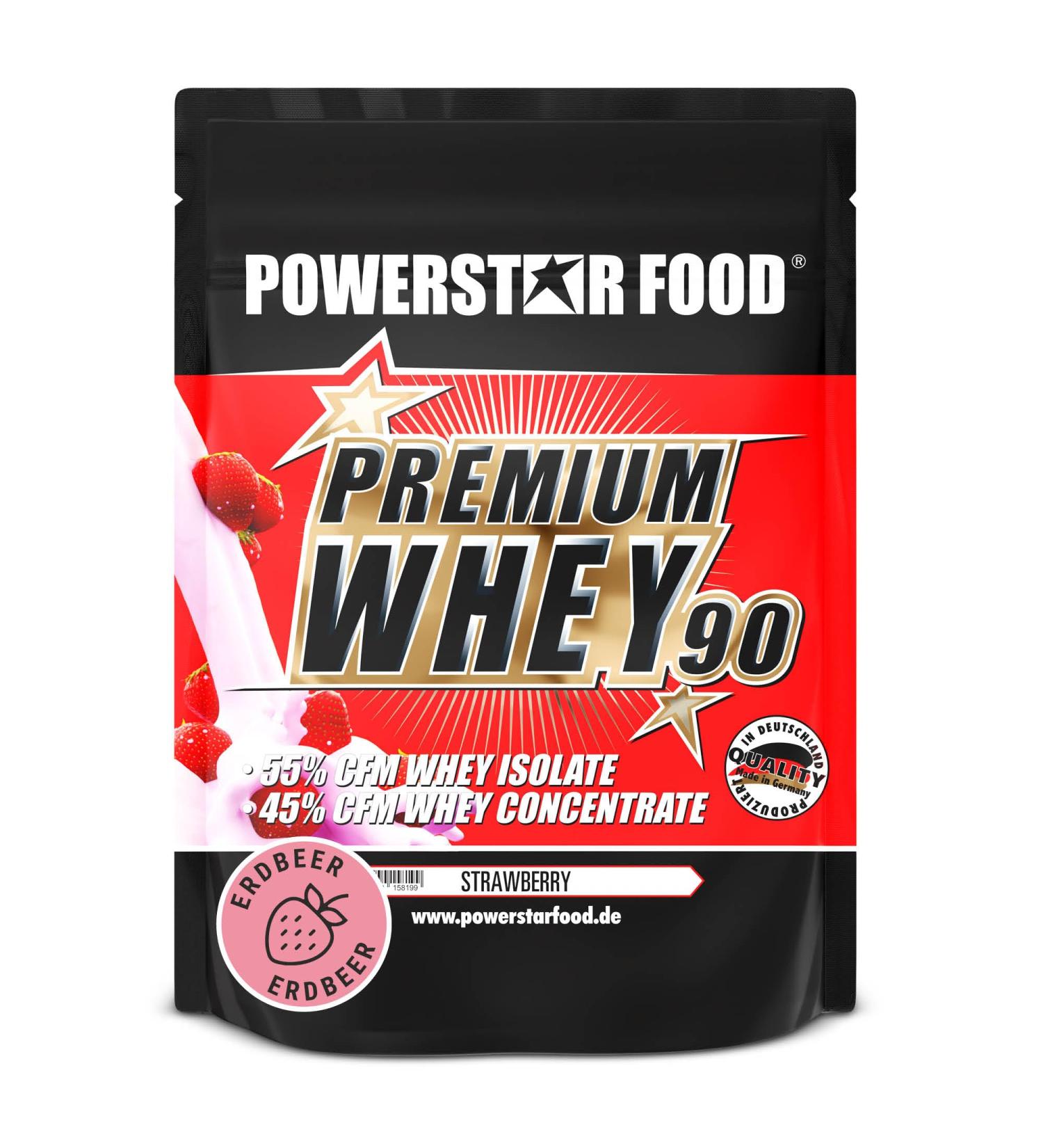 Powerstar Premium Whey 90 - 90% Protein Whey Powder (850g) | Low Carb Strawberry Flavor | Made in Germany | 55% CFM Whey Isolate & 45% CFM Concentrate - Buy Online on GoSupps.com