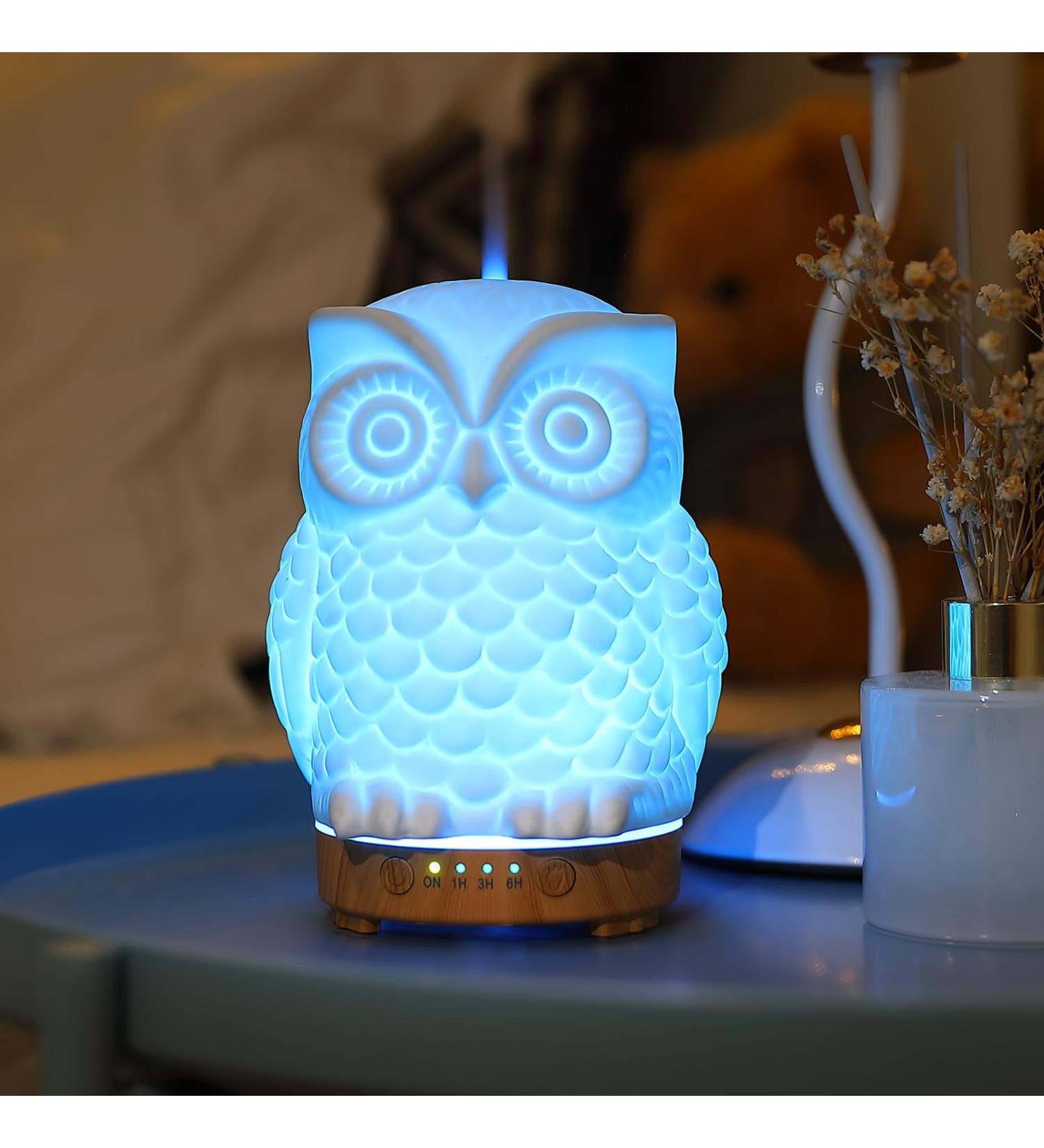 Inrorans 200ml Ceramic Owl Aromatherapy Diffuser | Ultrasonic Cool Fog Essential Oil Humidifier with LED Night Lights - 7 Color Changing - Buy Online on GoSupps.com