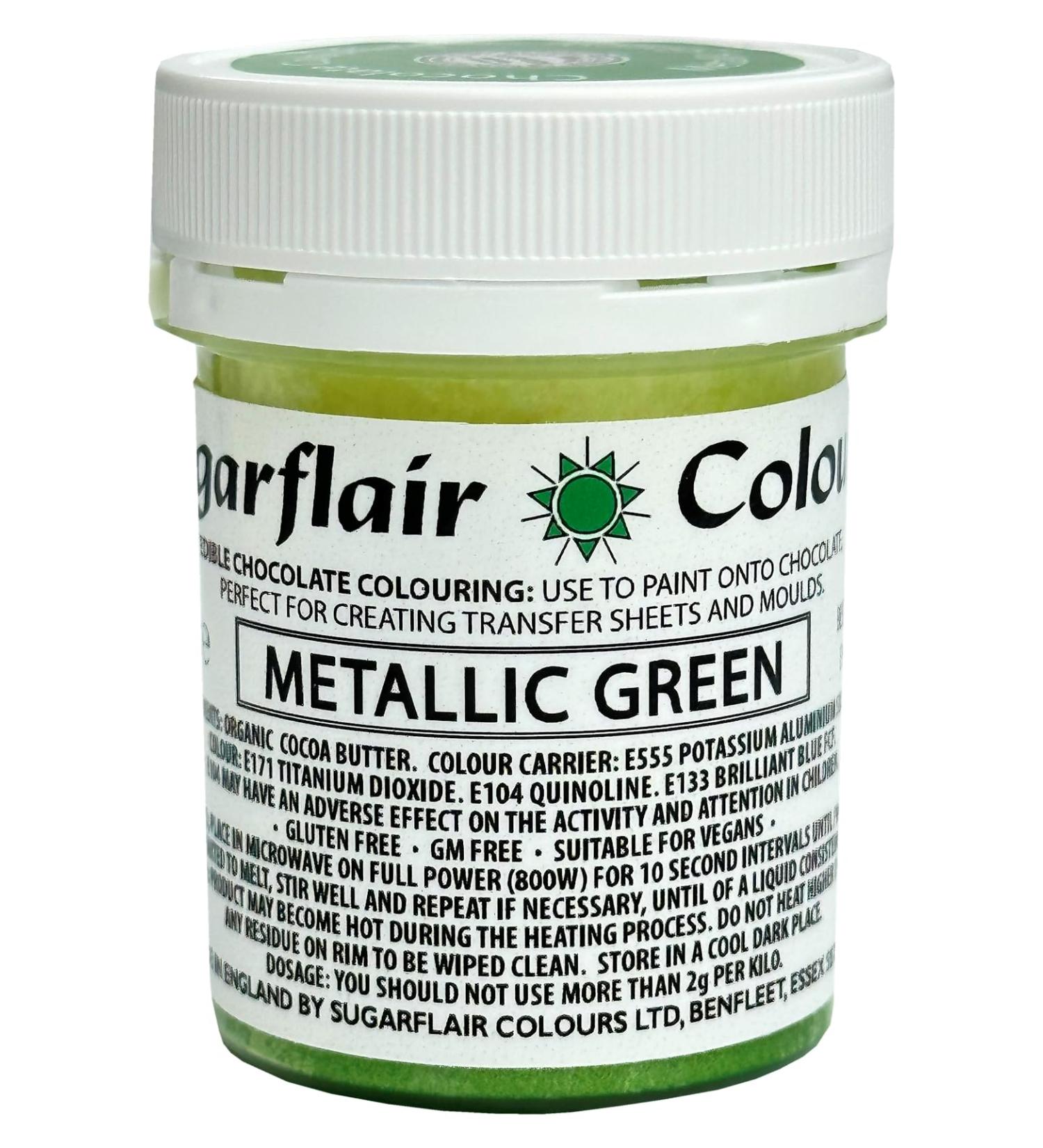 Sugarflair Metallic Green Chocolate Paint - Coloured Cocoa Butter for Painting Directly Onto Chocolate Transfer Sheets or Moulds - 35g