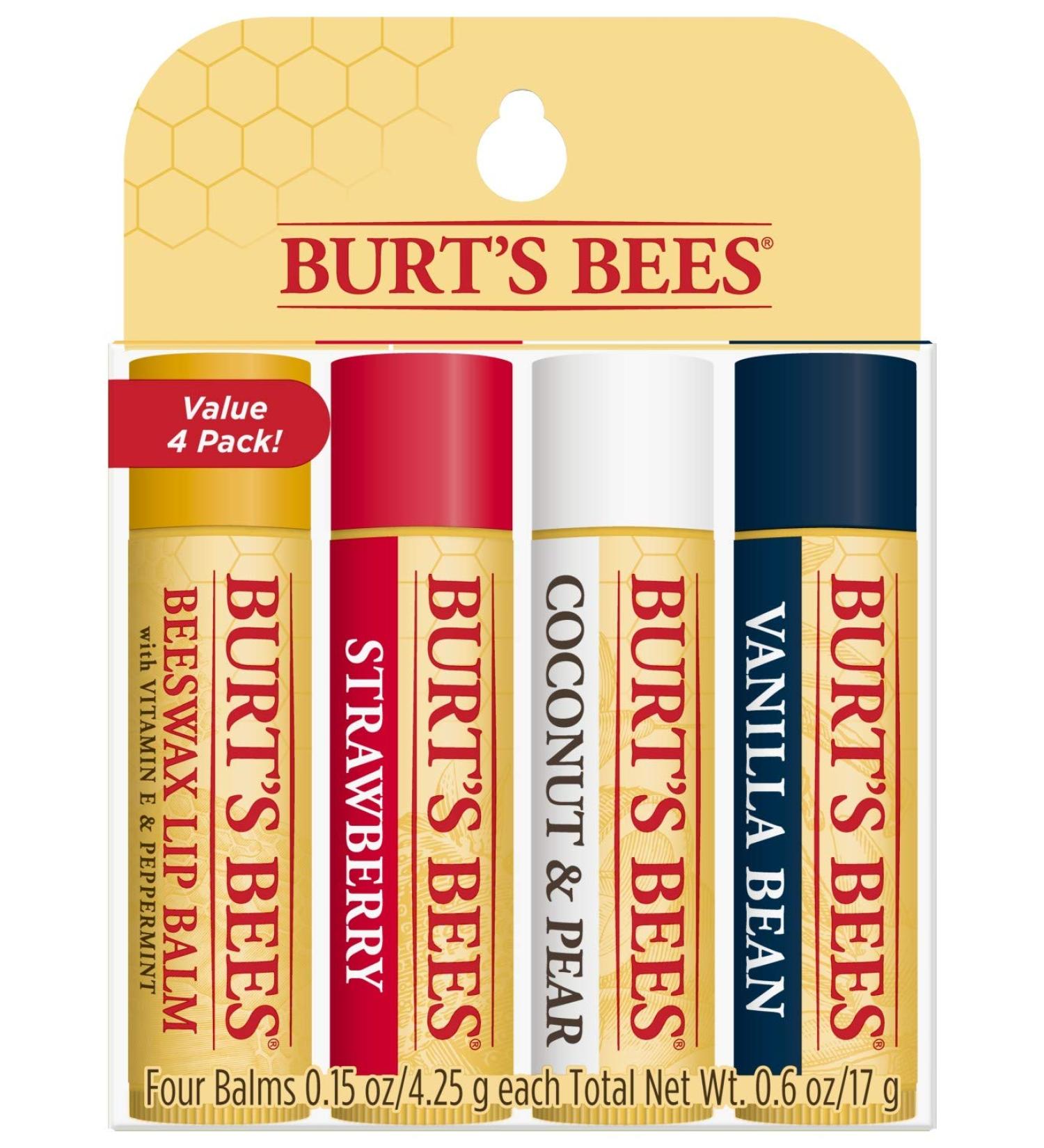 Burt's Bees Moisturizing Lip Balm 4 Pack - Assorted Flavors (0.15 oz each) - Buy Online on GoSupps.com