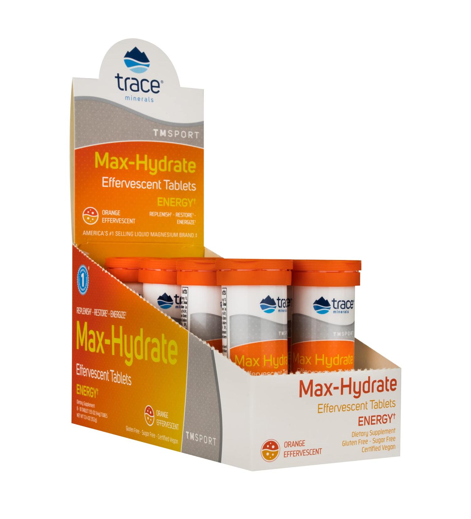 Trace Minerals Max-Hydrate Endurance Effervescent Tablets | Electrolyte Replenishment & Energy Support | Orange Flavor | 8x10 Tabs - Buy Online on GoSupps.com