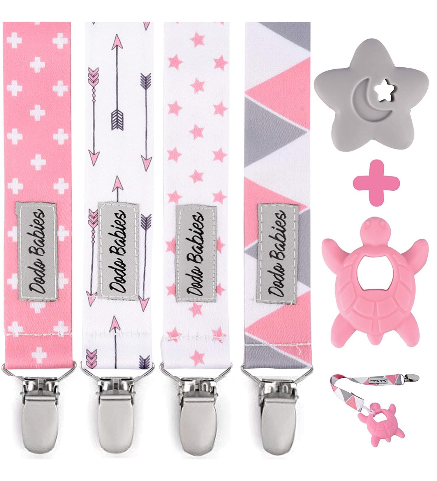 Dodo Babies Pacifier Clip & Teether Toy Set - 4 Clips + 2 Silicone Teethers - Universal Holder - Pink/Grey Prints - Boys/Girls - Buy Online on GoSupps.com