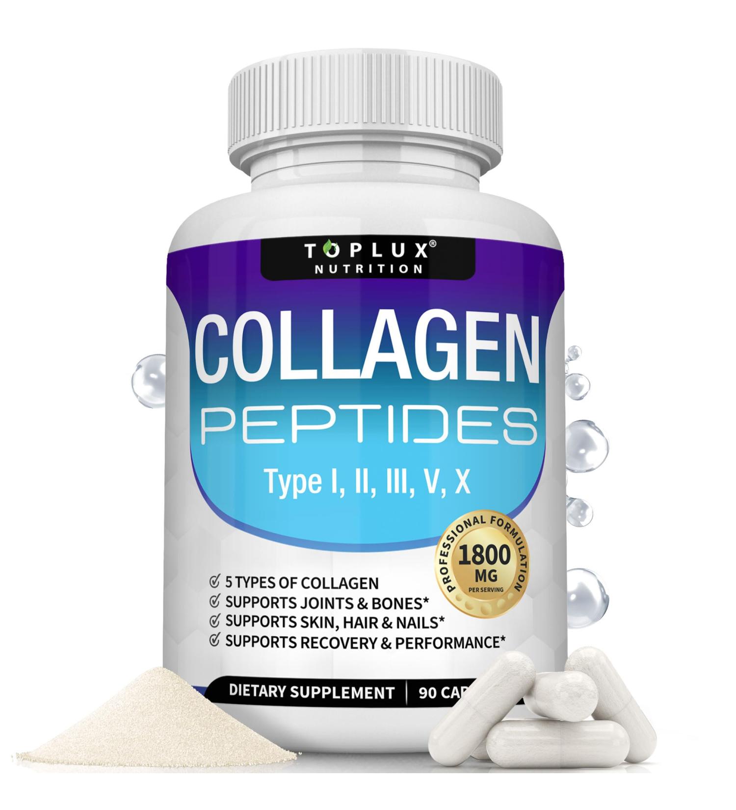 Toplux Multi Collagen Peptides Pills 1800 Mg Complex - Type I II III V X Premium Collagen Complex for Better Skin & Hair Strong Joint Hydrolyzed Protein for Men Women 90 Capsules Supplement One - Buy Online on GoSupps.com