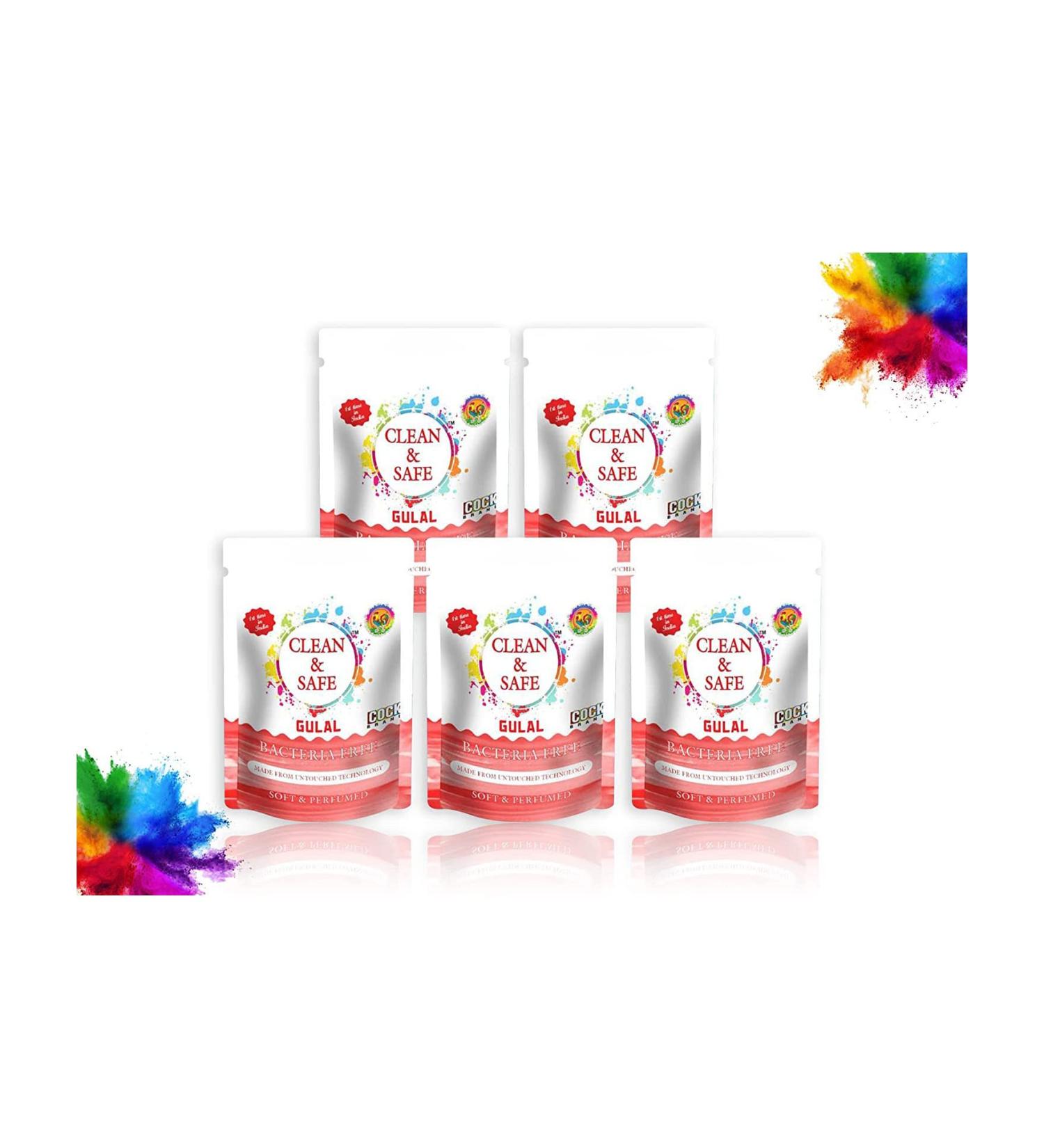 Clean and Safe Gulal Red (Pack of 5) | Bacteria-Free gulal | 100% Natural and Herbal Gulal | Colour Powder Made and Packed by Machines only