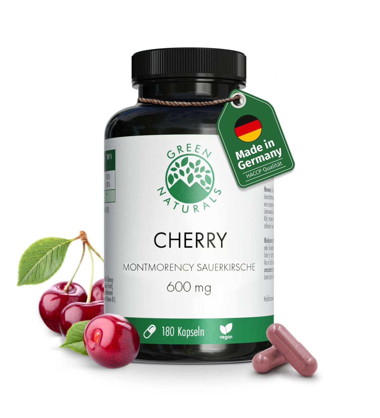 Montmorency Sour Cherry Capsules - 180 Capsules, 1200mg Daily Dose, Vegan, 3 Months Supply by Green Naturals - Buy Online on GoSupps.com