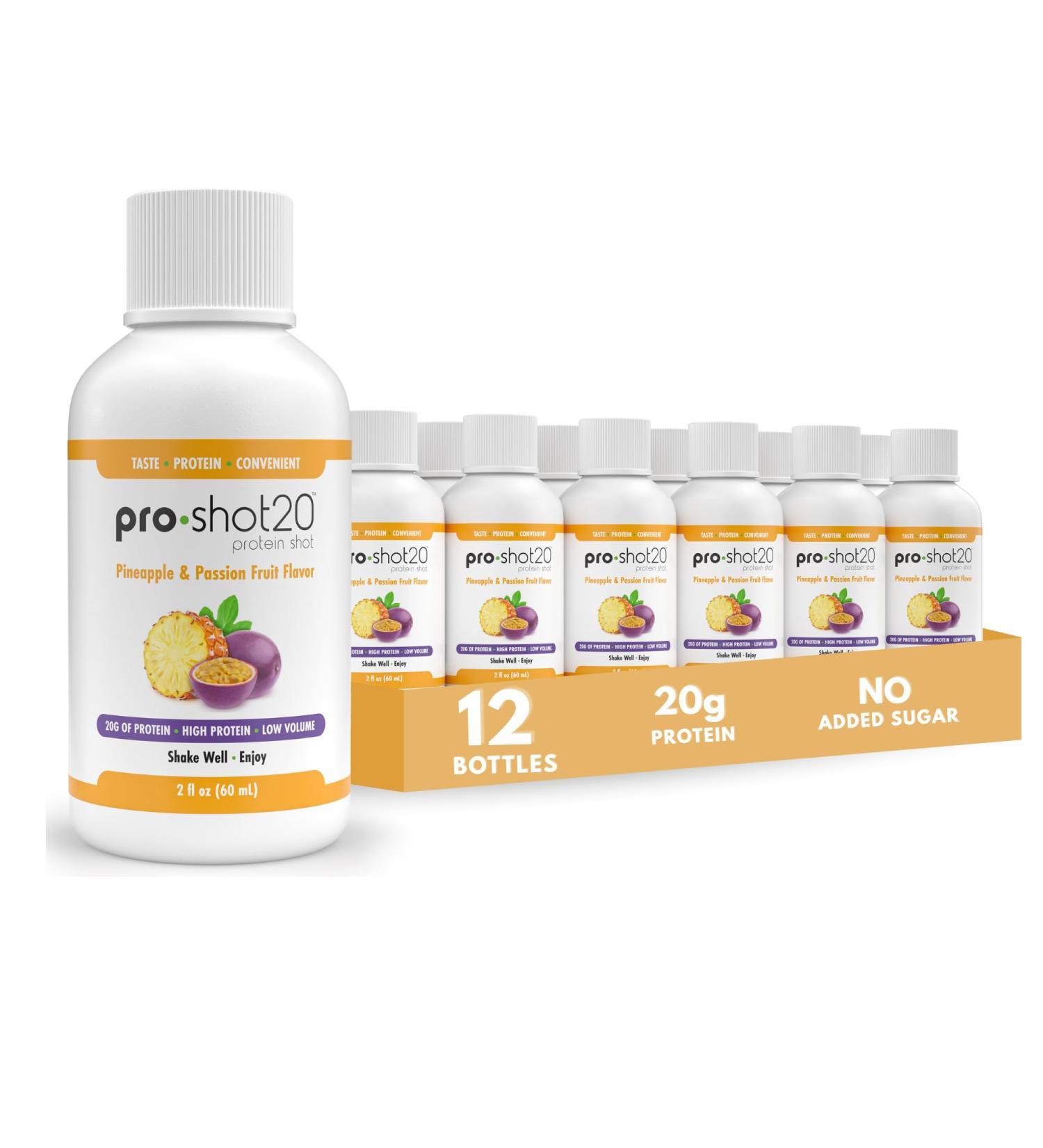 Pro-Shot20 Protein Shot Pineapple & Passion Fruit Flavor 60 mL 12-Pack- 20g Whey Protein & Hydrolyzed Collagen Drink- Low Calorie Low Carb Gluten Free No Aspartame Ready to Drink - Buy Online on GoSupps.com