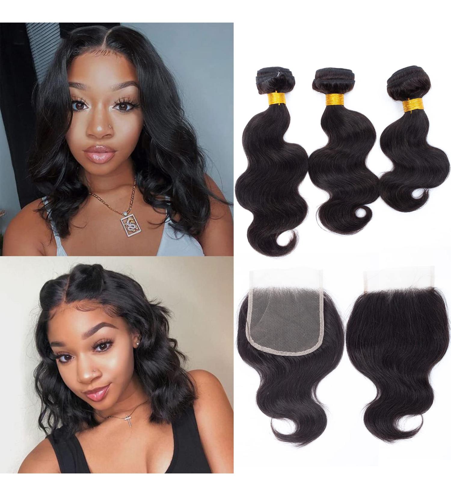 Kapelli Hair Brazilian Virgin Body Wave 3 Bundles with Closure - 10A Remy Human Hair, Natural Black 12/14/16 + 10 Inch Transparent Closure - Buy Online on GoSupps.com