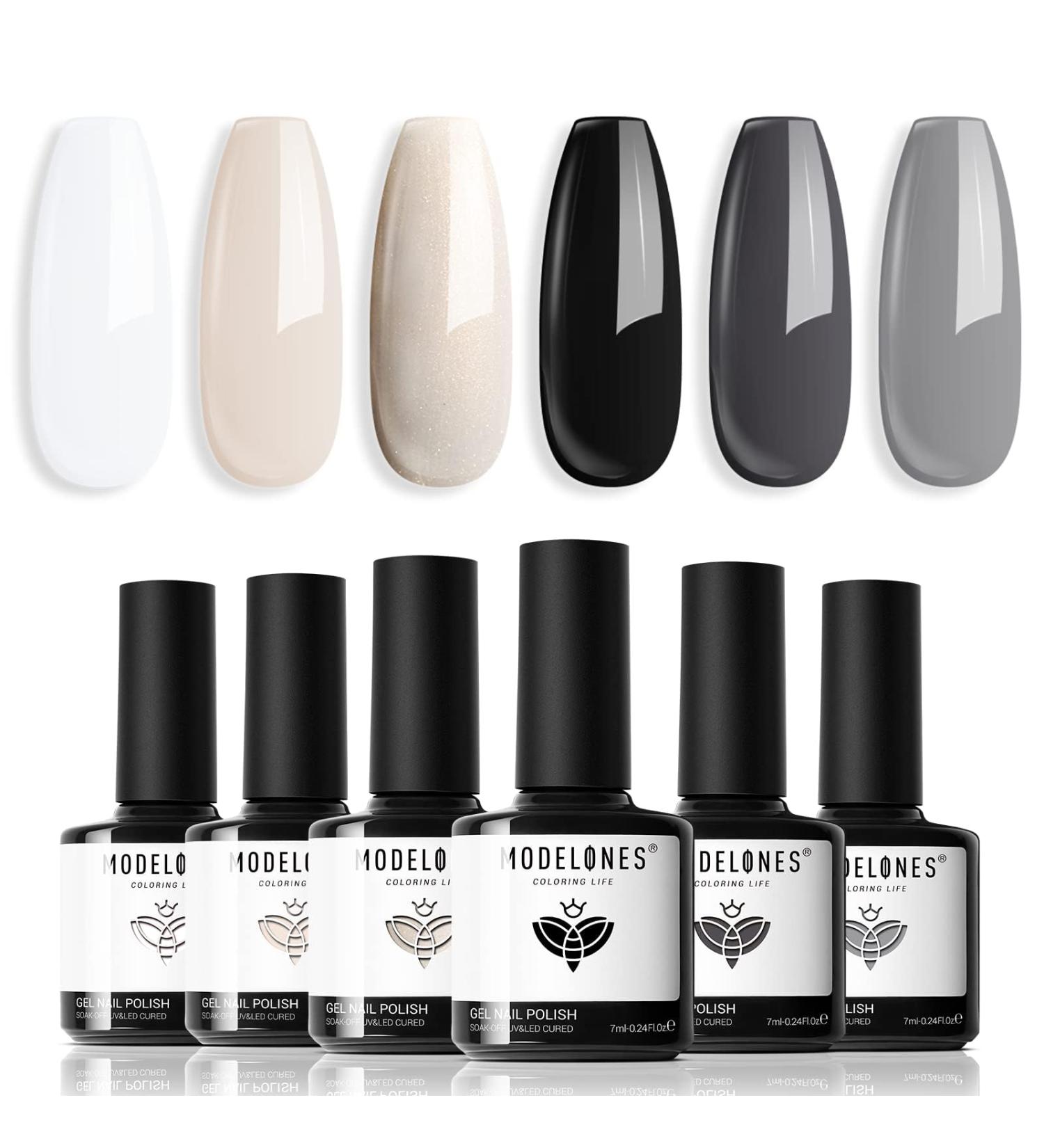 Modelones White Black Gel Nail Polish Set - 6 Colors Black Milky White Neutral Nude Grey Glitter Spring Gel Nail Polish Kit Soak Off UV Gel Kit Gel Nail Art Gift for Women - Buy Online on GoSupps.com