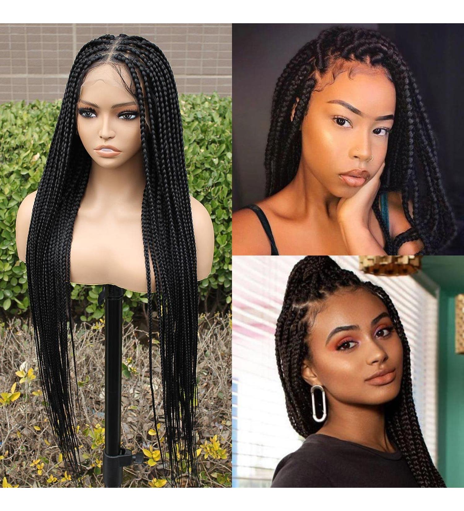 KRALER 36-Inch Full Lace Knotless Braided Wig for Black Women - Pre-Plucked Square Base Lace Front Wig with Baby Hair - Natural Black - Buy Online on GoSupps.com
