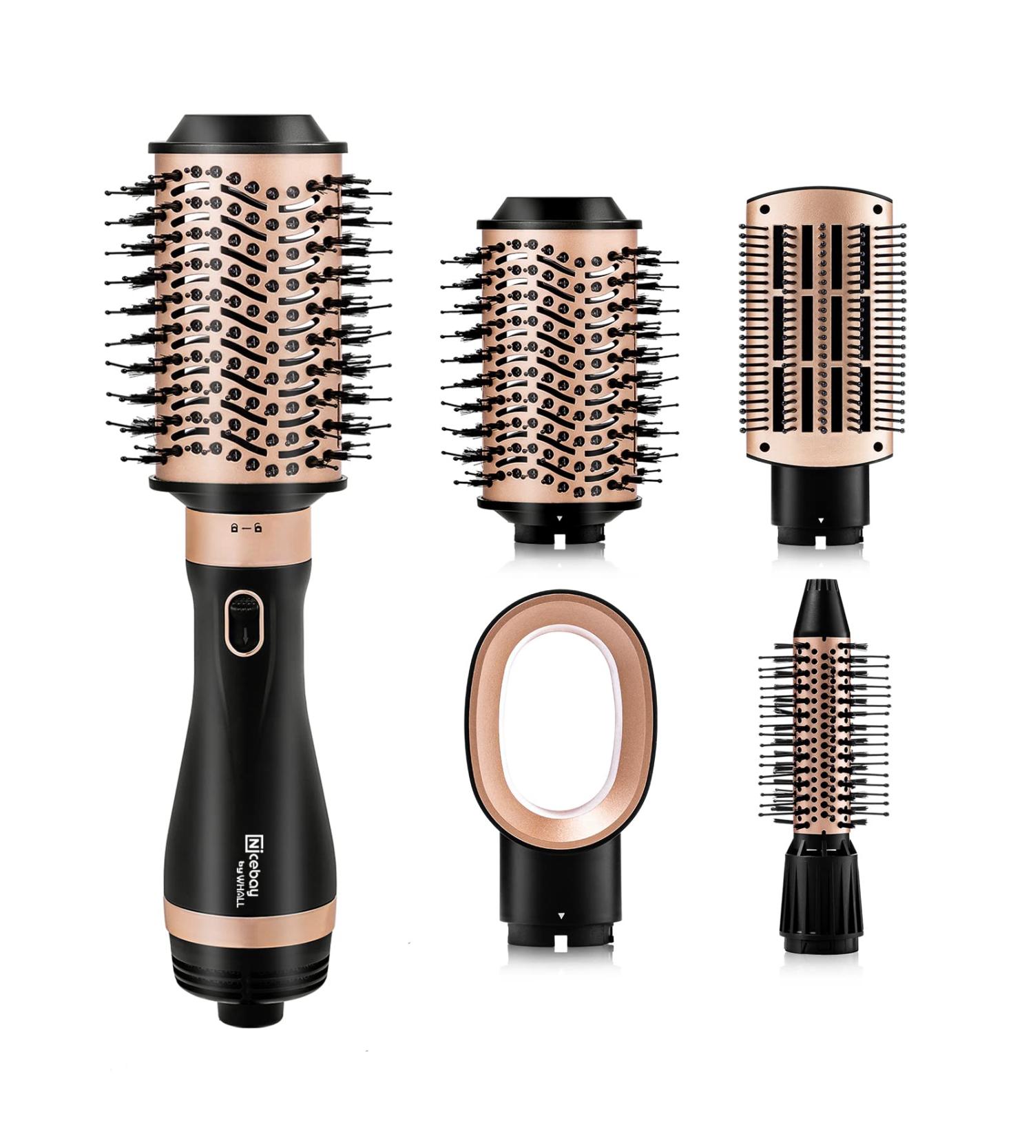 Nicebay 4-in-1 Hot Air Brush: Hair Dryer, Straightener, Curler, Volumizer - Ceramic Coating, 3 Temp Settings - Detachable Design for Travel Salon - Buy Online on GoSupps.com