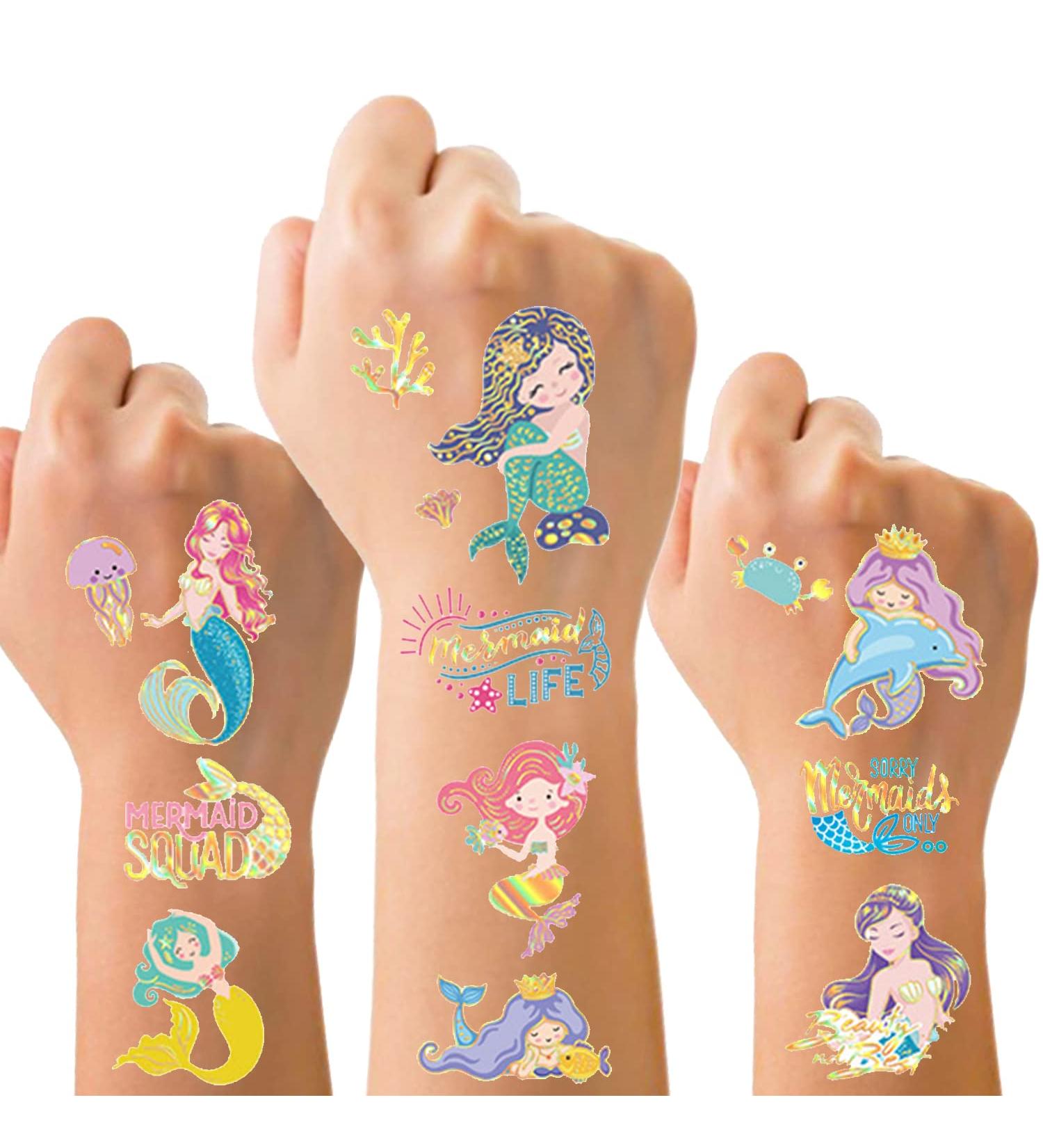 Mermaid Temporary Tattoos for Kids - Cute Cartoon Fake Tattoo Stickers with Marine Life Designs - Waterproof Body Art Stickers - 8 Sheets - Buy Online on GoSupps.com