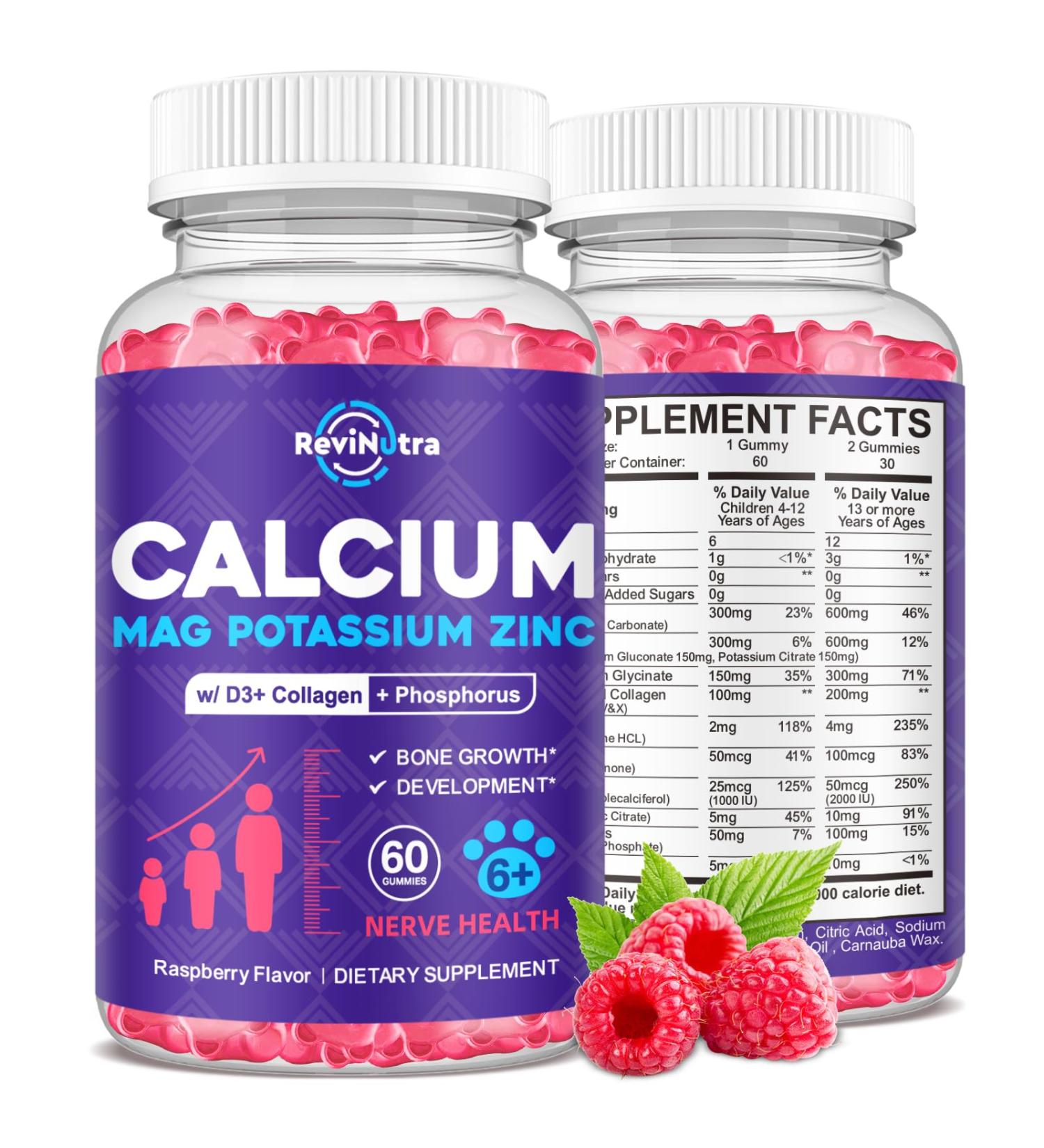Calcium Potassium Magnesium Gummies for Kids & Adults, with Hydrolyzed Collagen, Zinc, Phosphorus, Multivitamin for Sleep, Bone Strength, Density Support, Sugar Free,Raspberry 60 Gummies Raspberry 60 Count (Pack of 1) - Buy Online on GoSupps.com