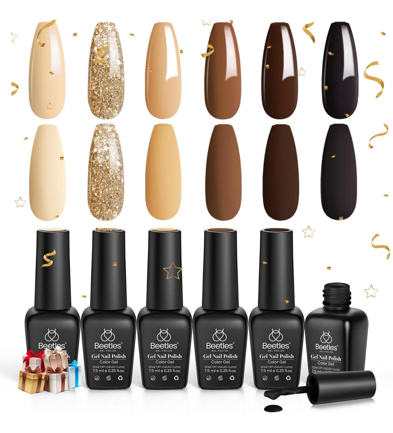 Beetles Gel Nail Polish Set - Roasted Chestnuts Collection: 6 Fall/Winter Colors in Chocolate Brown, Khaki, Gold Glitter & Yellow Beige - Mother's Day Gift - Buy Online on GoSupps.com