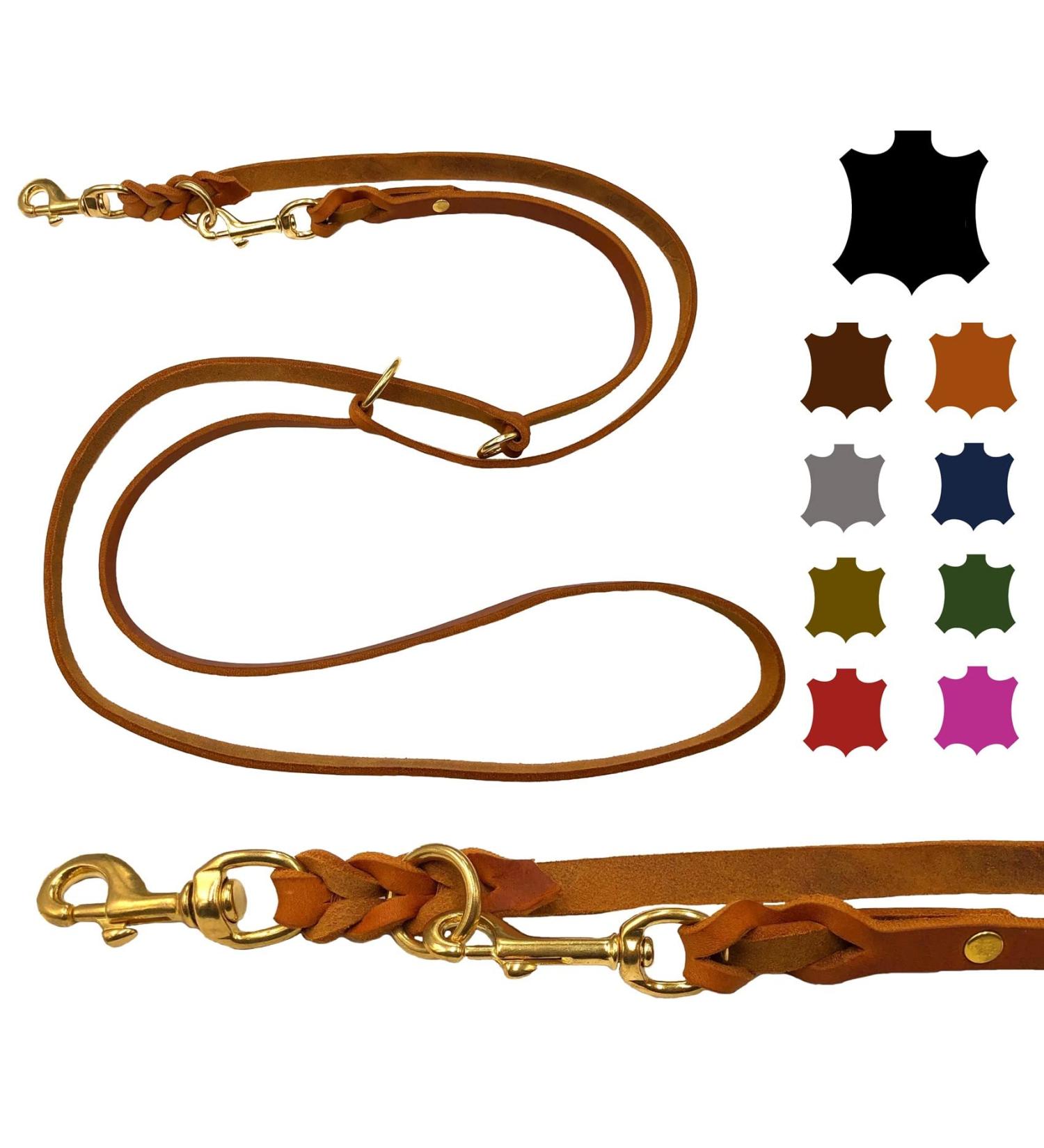 Premium Double Linen Dog Leash - Adjustable Fat Leather & Brass for Small & Large Dogs - 2.40m x 12mm Cognac - Buy Online on GoSupps.com