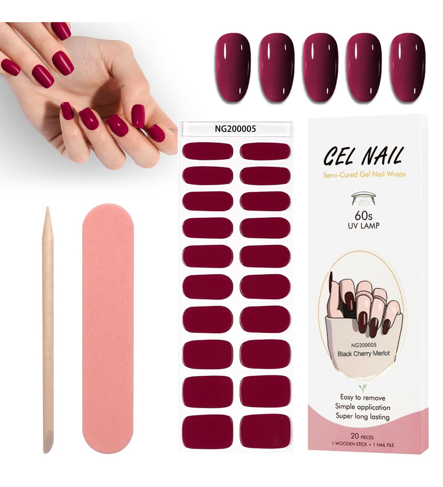 Angozo Gel Nail Stickers Semi Cured Gel Nails uv Nails Gel Nail Stickers 20 Pcs Gel Nail Wraps for Salon Nail File&Wooden Cuticle Stick-(Wine Red) - Buy Online on GoSupps.com