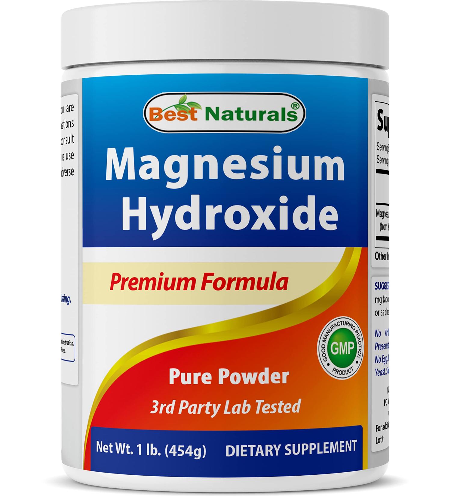 Best Naturals Magnesium Hydroxide Powder - 380mg Elemental Magnesium - 454 Servings - 1lb Container - Buy Online on GoSupps.com