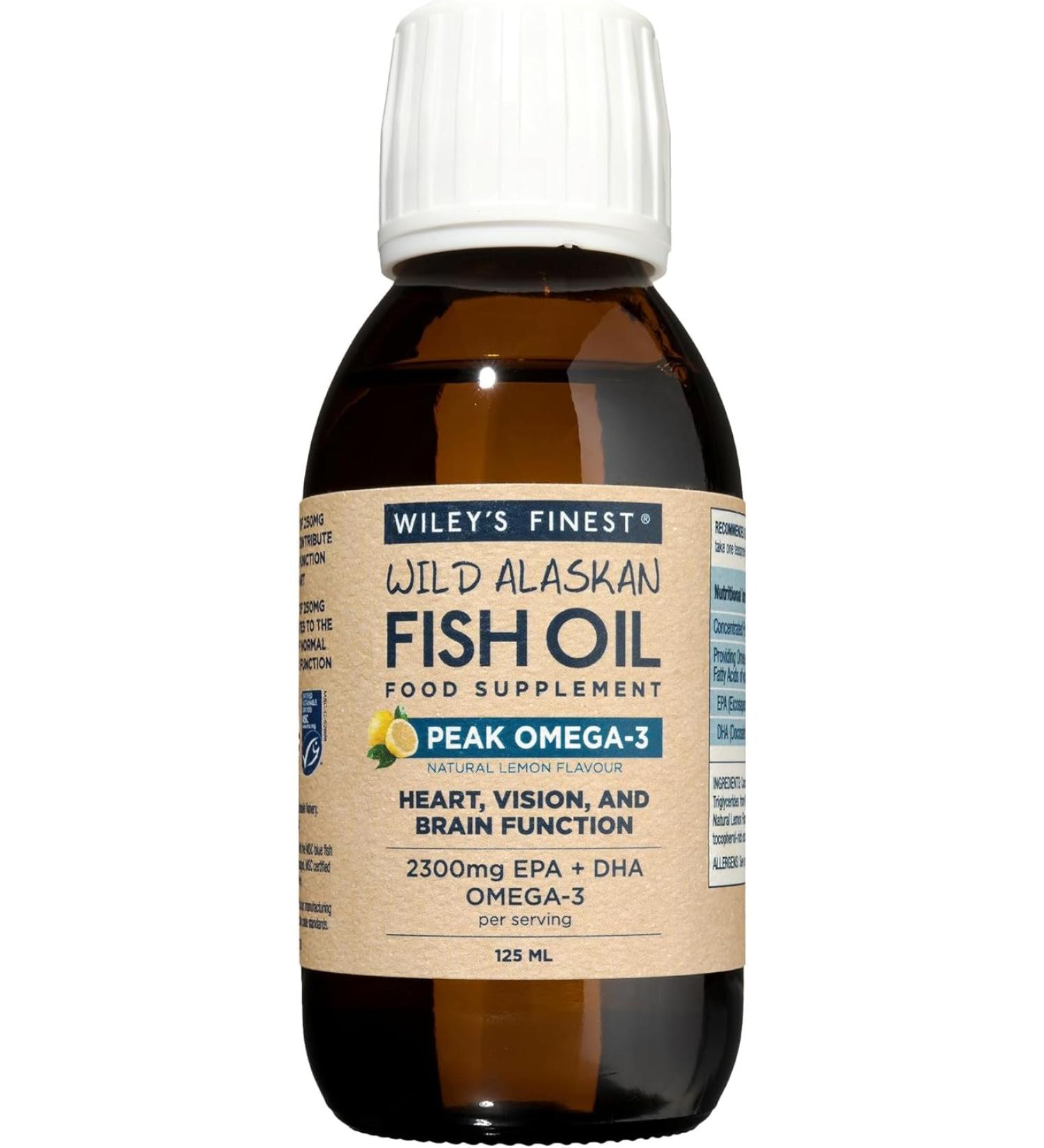 Wiley s Finest Peak Omega-3 Liquid 2300mg EPA + DHA Omega-3 Natural Wild Alaskan Fish Oil Food Supplement 25 Servings Lemon Flavour 125 ml (Pack of 1)