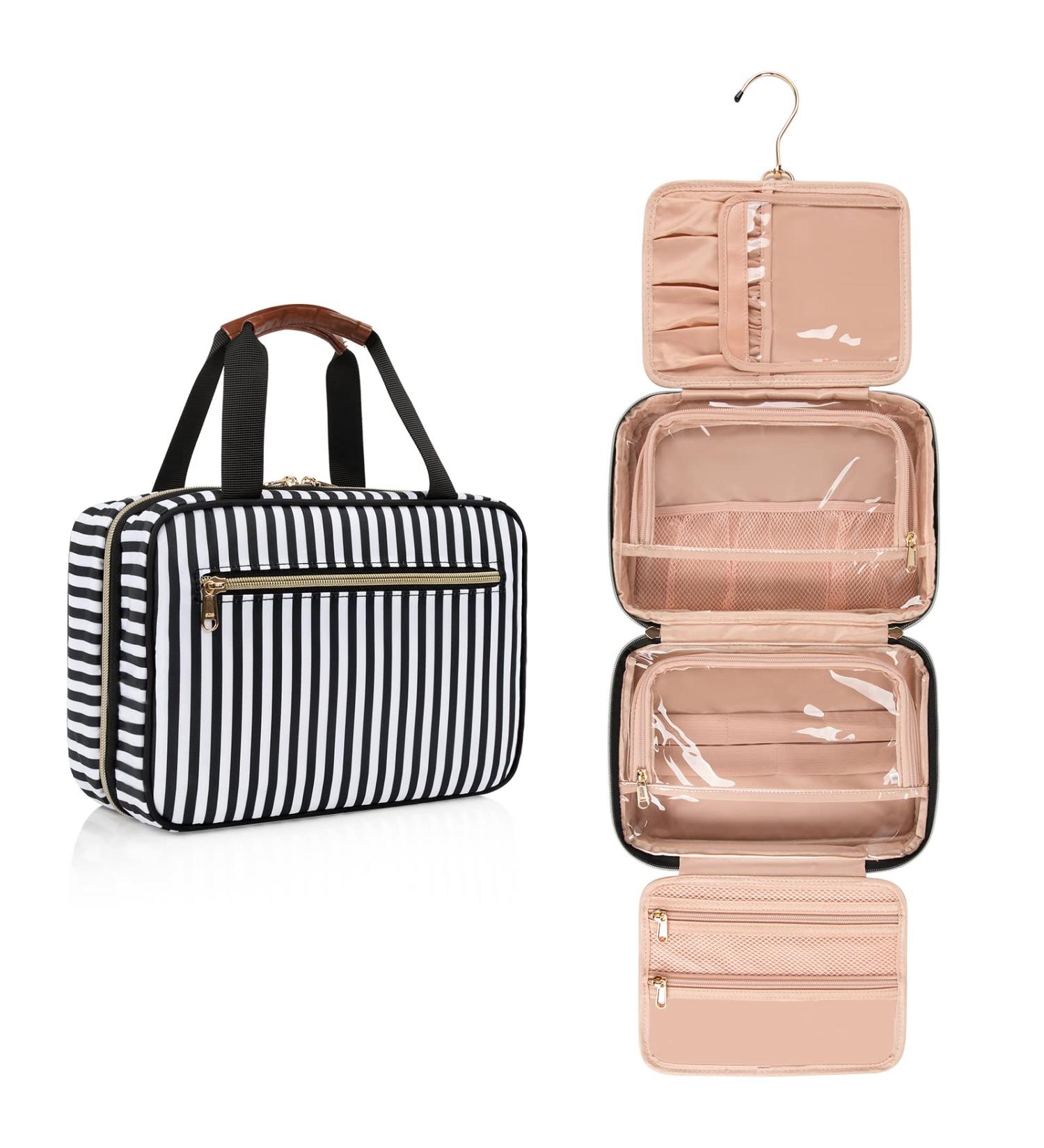 Hanging Travel Toiletry Bag - Waterproof Nylon Cosmetic Organizer Pouch with Handle and 360 Hanging Hook - Black White Stripe - Medium Size - Buy Online on GoSupps.com