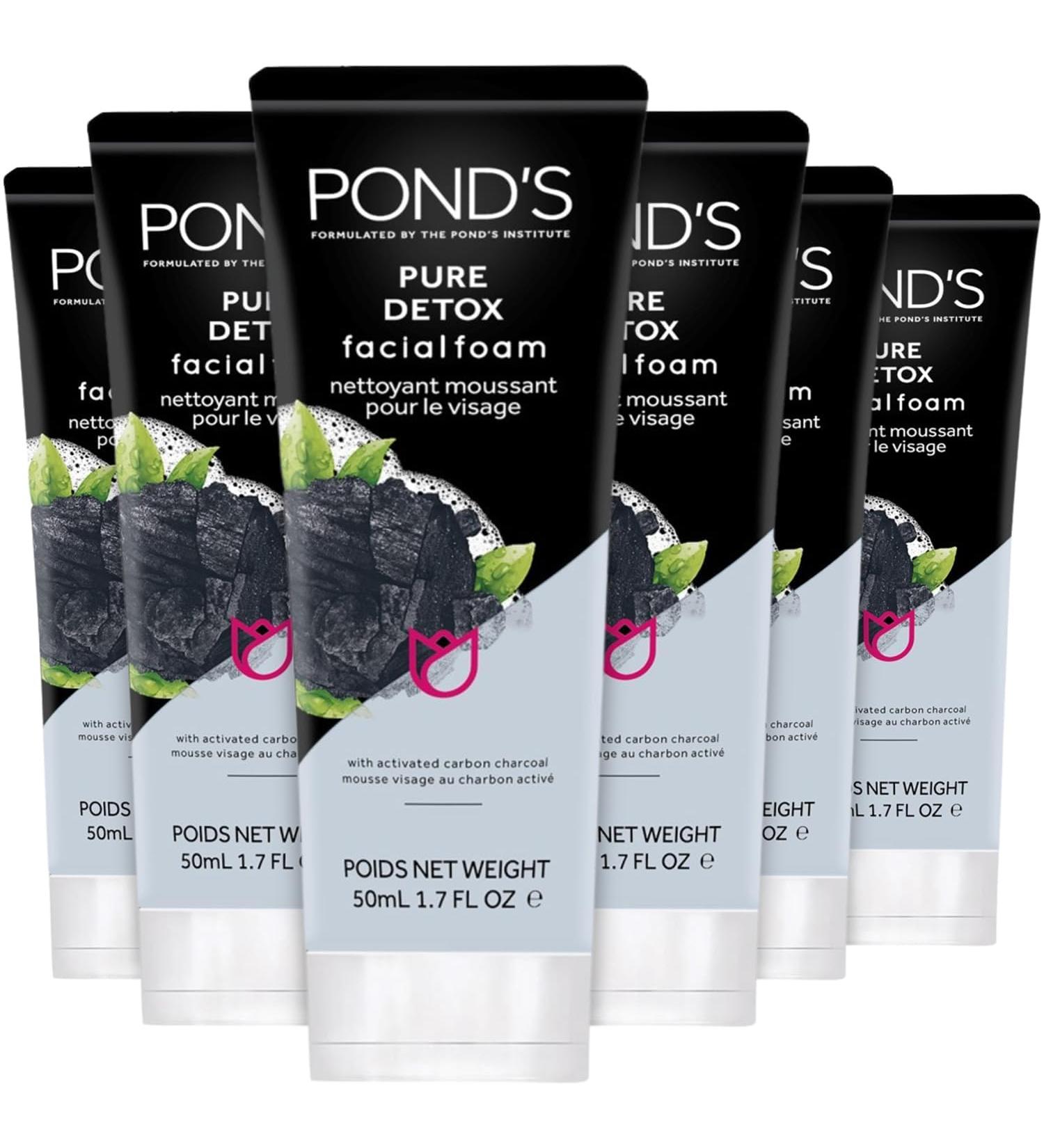 Pond's Face Cleanser - Pure Detox Facial Foam Activated Charcoal Face Wash with Skin-Brightening Niacinamide Moringa Extract and Green Tea for Deep Cleansing Glowing Skin 1.7 Oz (Pack of 6)