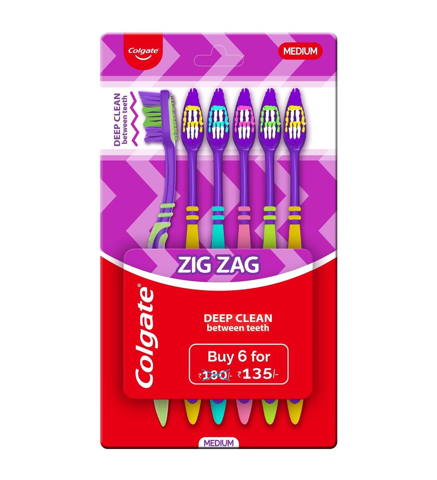 Colgate ZigZag Toothbrush Pack of 6 | Deep Interdental Clean with Multi-Angle Bristles - Medium Size - Buy Online on GoSupps.com