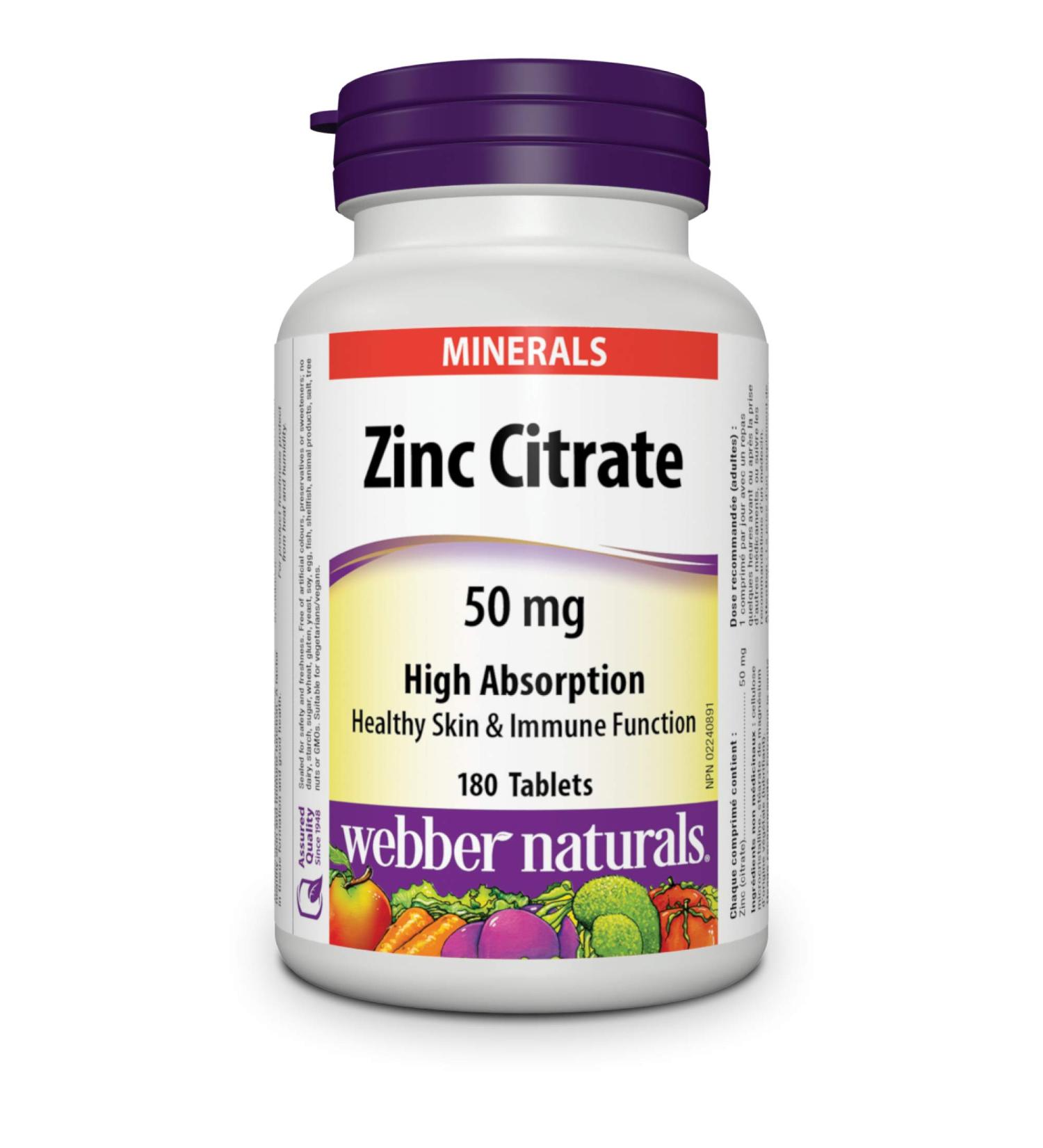 Webber Naturals Zinc Citrate 50mg - 180 Tablets | Immune Support Supplement - Buy Online on GoSupps.com