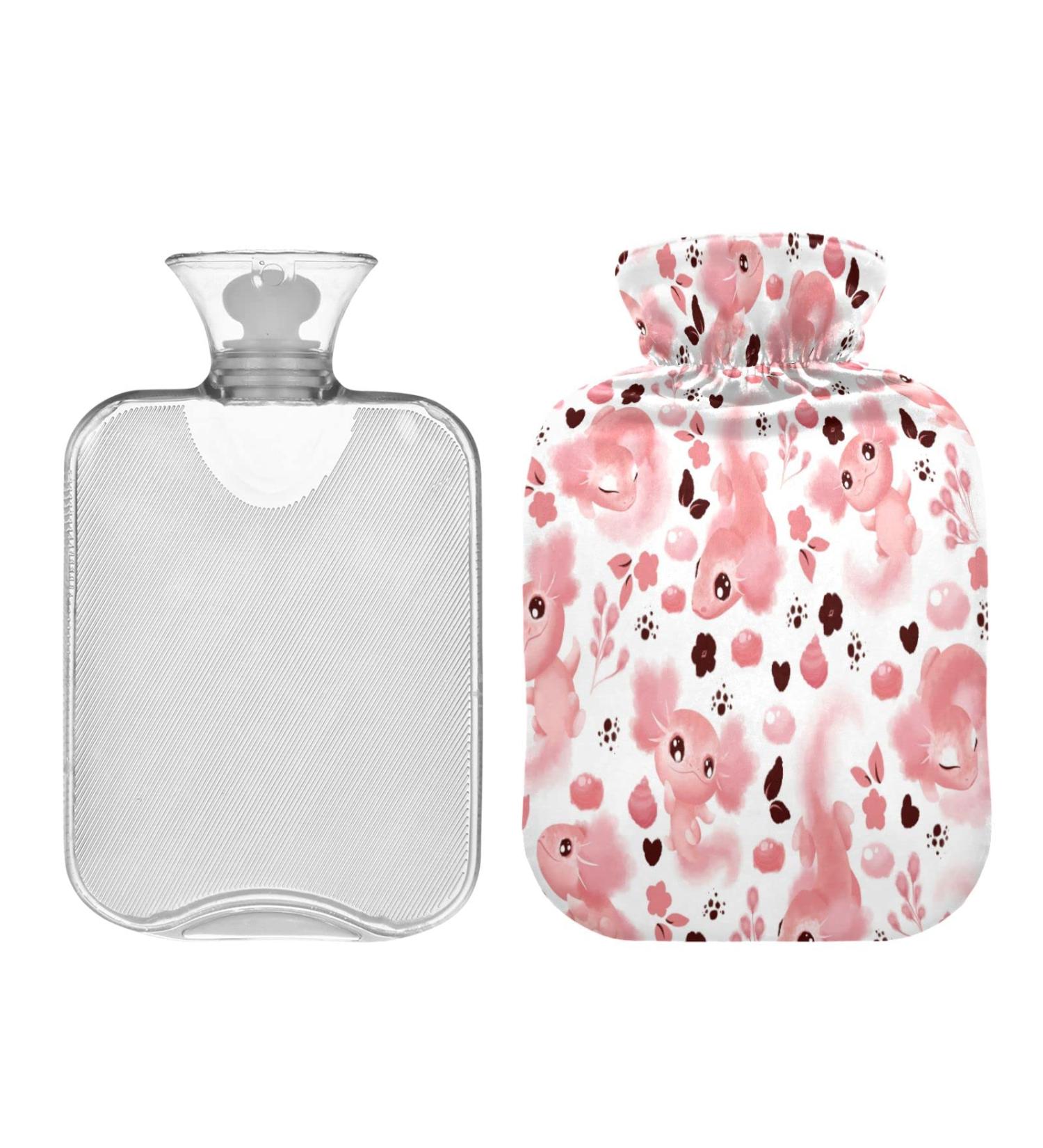 Shop Eco-Friendly Watercolor Pink Axolotl Heat Bottle 2L - Plush Hand & Foot Warmer for Kids & Adults | Perfect for Winter with Hearts Flowers & Leaves - Buy Online on GoSupps.com