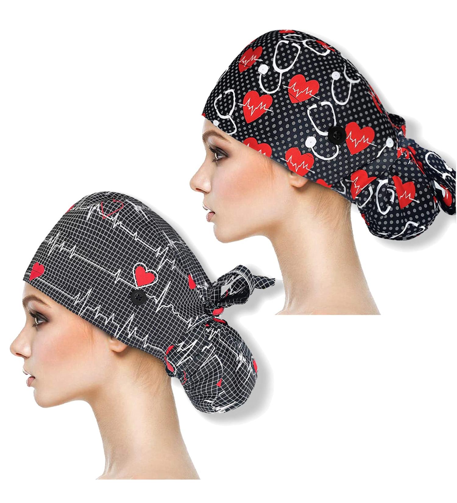 YUESUO 2 Pack Cotton Working Caps with Buttons and Sweatband for Women & Men - Adjustable Ponytail Ribbon Tie Back Hats - Long Hair Head Covers (B) - Buy Online on GoSupps.com