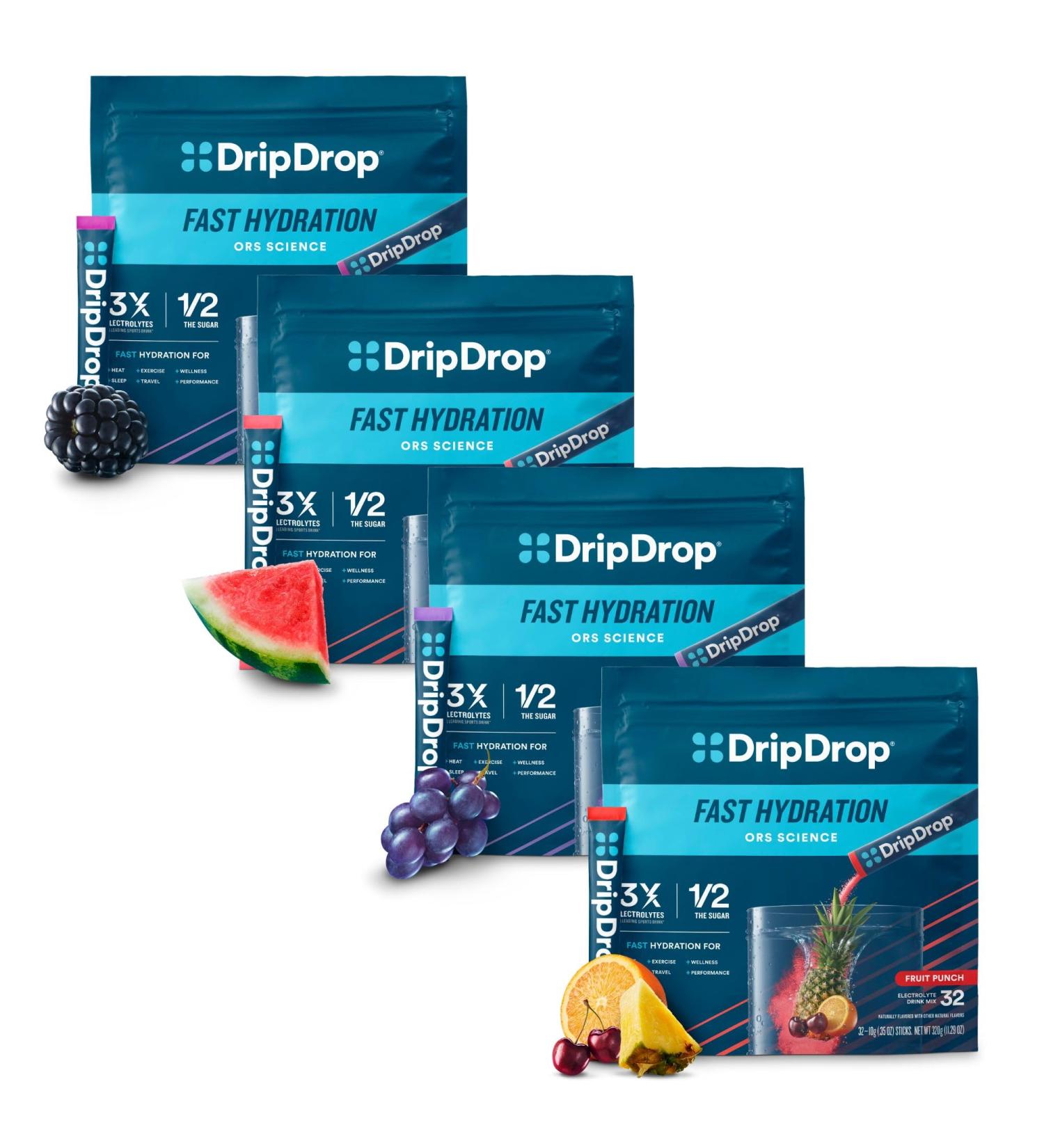 DripDrop Hydration - Electrolyte Powder Packets - Watermelon Berry Fruit Punch Grape - 128 Count - Buy Online on GoSupps.com