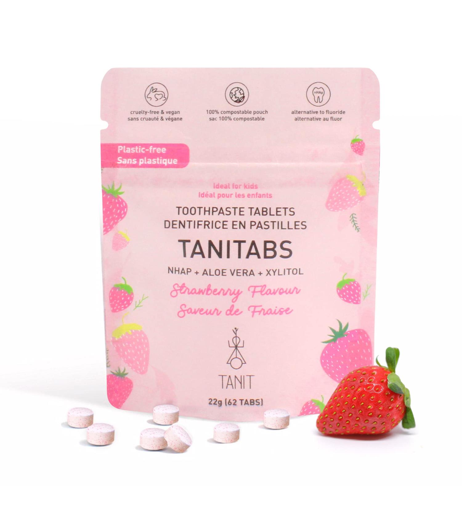 Tanitabs Strawberry Toothpaste Tablets | Fluoride-Free Natural Toothpaste | Zero-Waste Travel Tabs | 62 Tablets, Strawberry Flavor - Buy Online on GoSupps.com