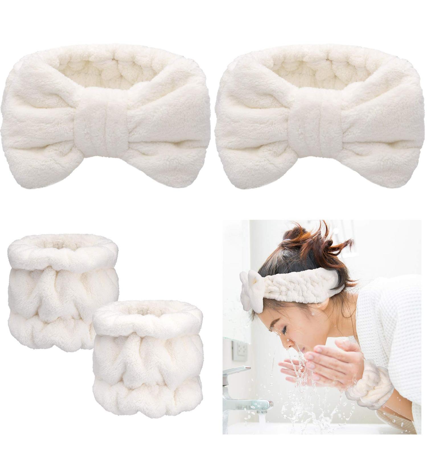 4 Piece Spa Headband and Wrist Washband Set - White | Hair Headband, Face Wash Wristband, Scrunchies Cuffs for Women and Girls | Makeup and Face Washing Accessories - Buy Online on GoSupps.com