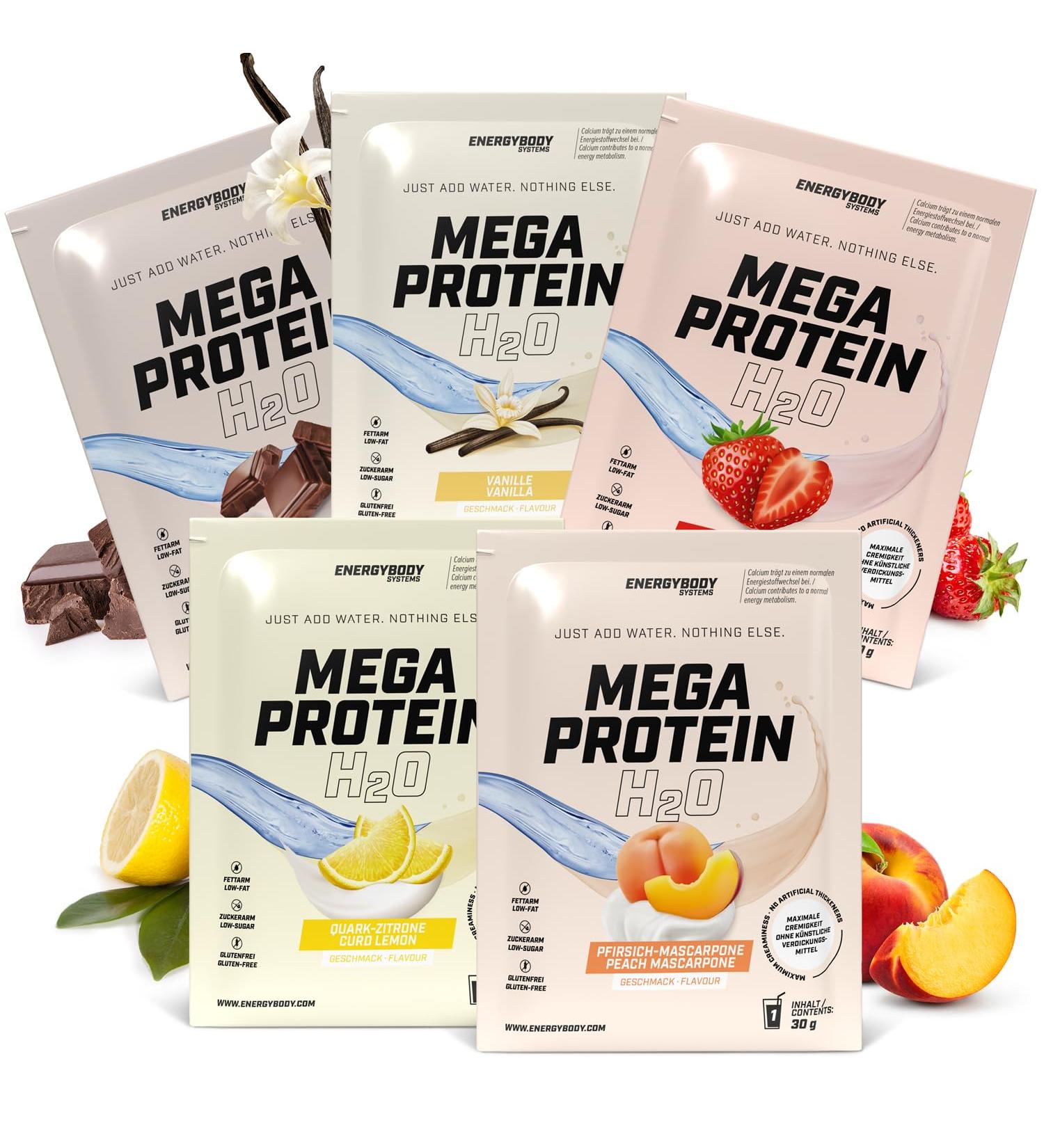 Energybody Mega Protein H2O - Egg White Protein Powder Test Set (5x30g) | Water-Optimized Whey & Casein Mix - Buy Online on GoSupps.com