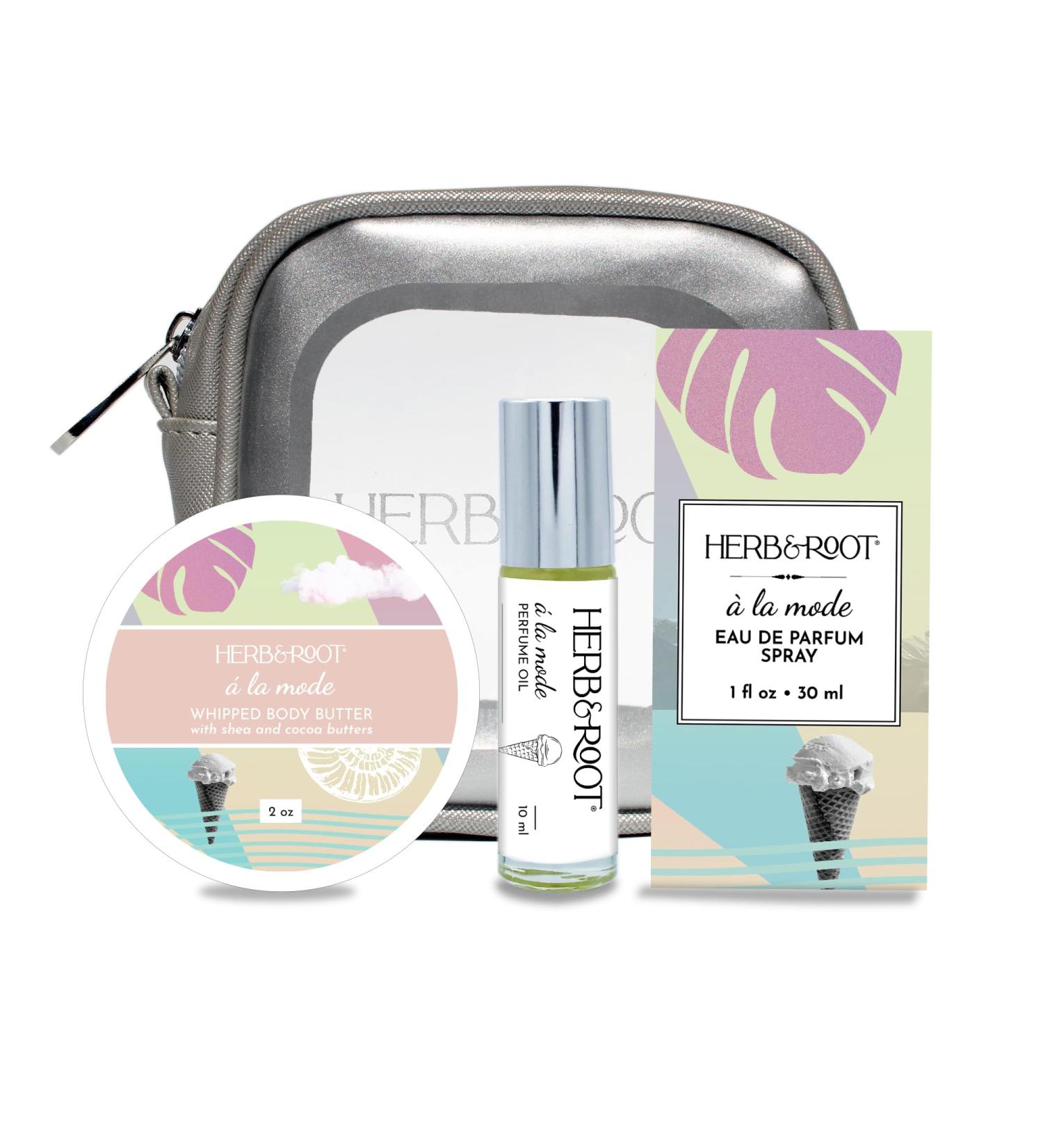 Herb & Root A La Mode Perfume Gift Set Eau de Parfum Rollerball Body Butter Reusable Makeup Case | Scented with Pistachio Sea Salt Vanilla Cream an uplifting gourmand fragrance A La Mode Gift Set - Buy Online on GoSupps.com