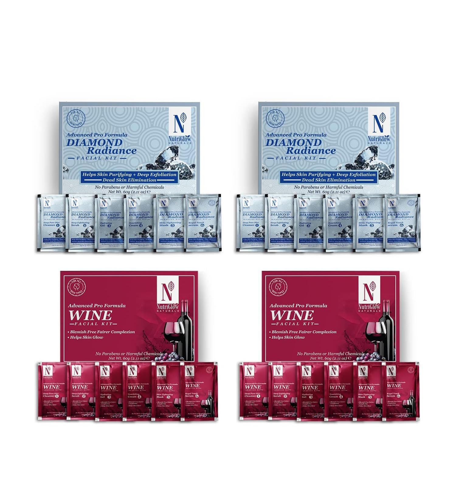 NutriGlow NATURAL'S Advanced Pro Formula Diamond Radiance Facial Kit & Wine Facial Kit For Acne & Spot Free Reduces Pigmentation & Removes Blackheads 2.11 OZ Each Combo (Pack of 4) - Buy Online on GoSupps.com